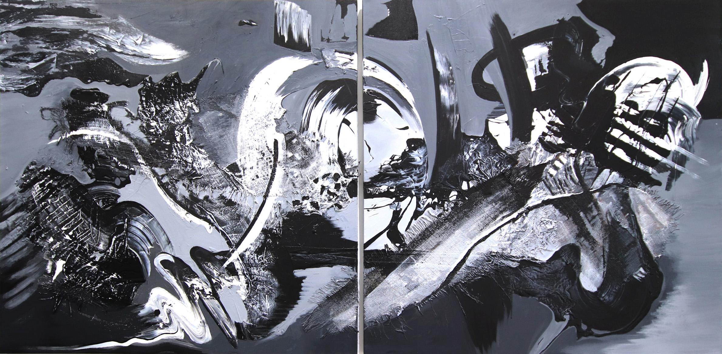 Gail Titus Abstract Painting – Gravitational Forces (Diptychon) - Abstraktes Kunstwerk in großem Maßstab