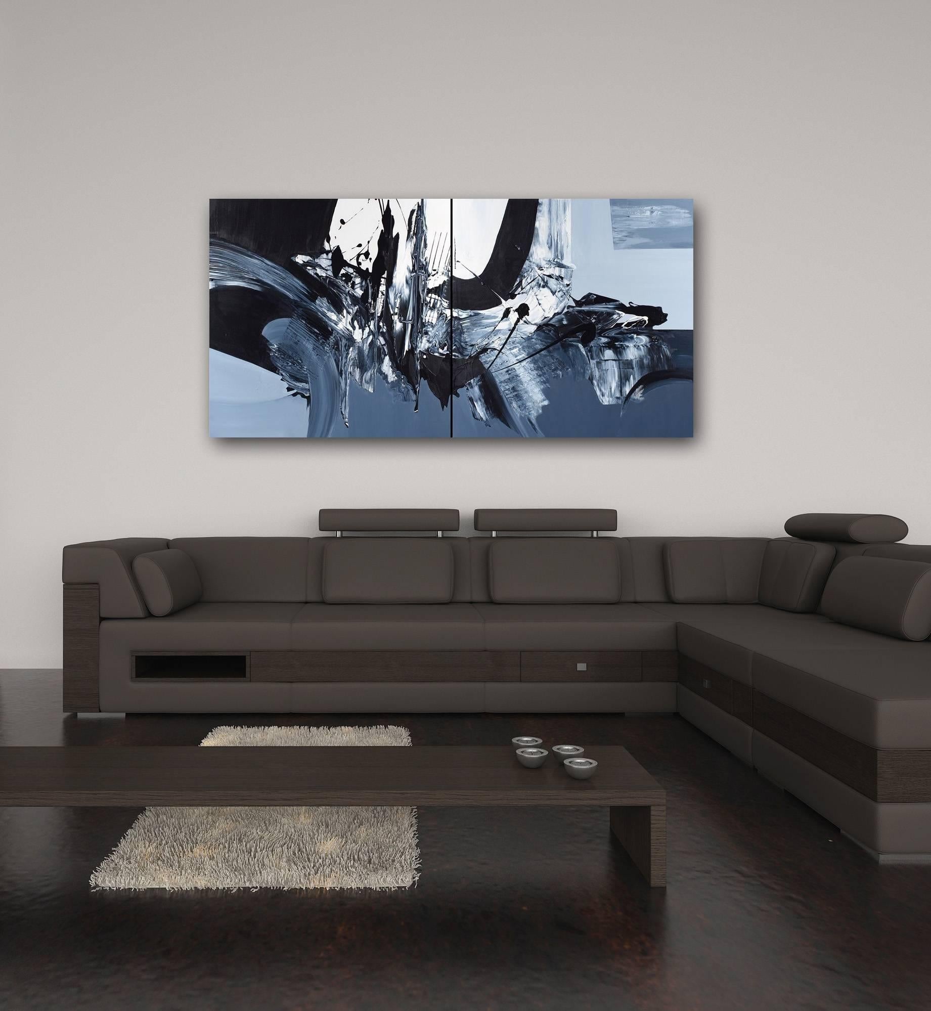 Revolves Around You (Diptych) - Large Scale Black and White Artwork - Painting by Gail Titus