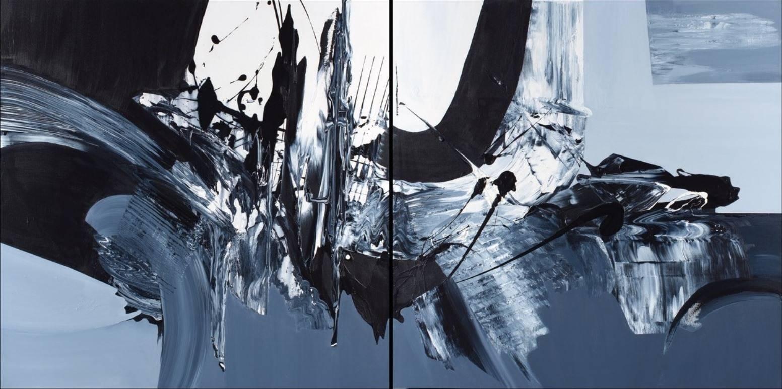 Gail Titus Abstract Painting - Revolves Around You (Diptych) - Large Scale Black and White Artwork
