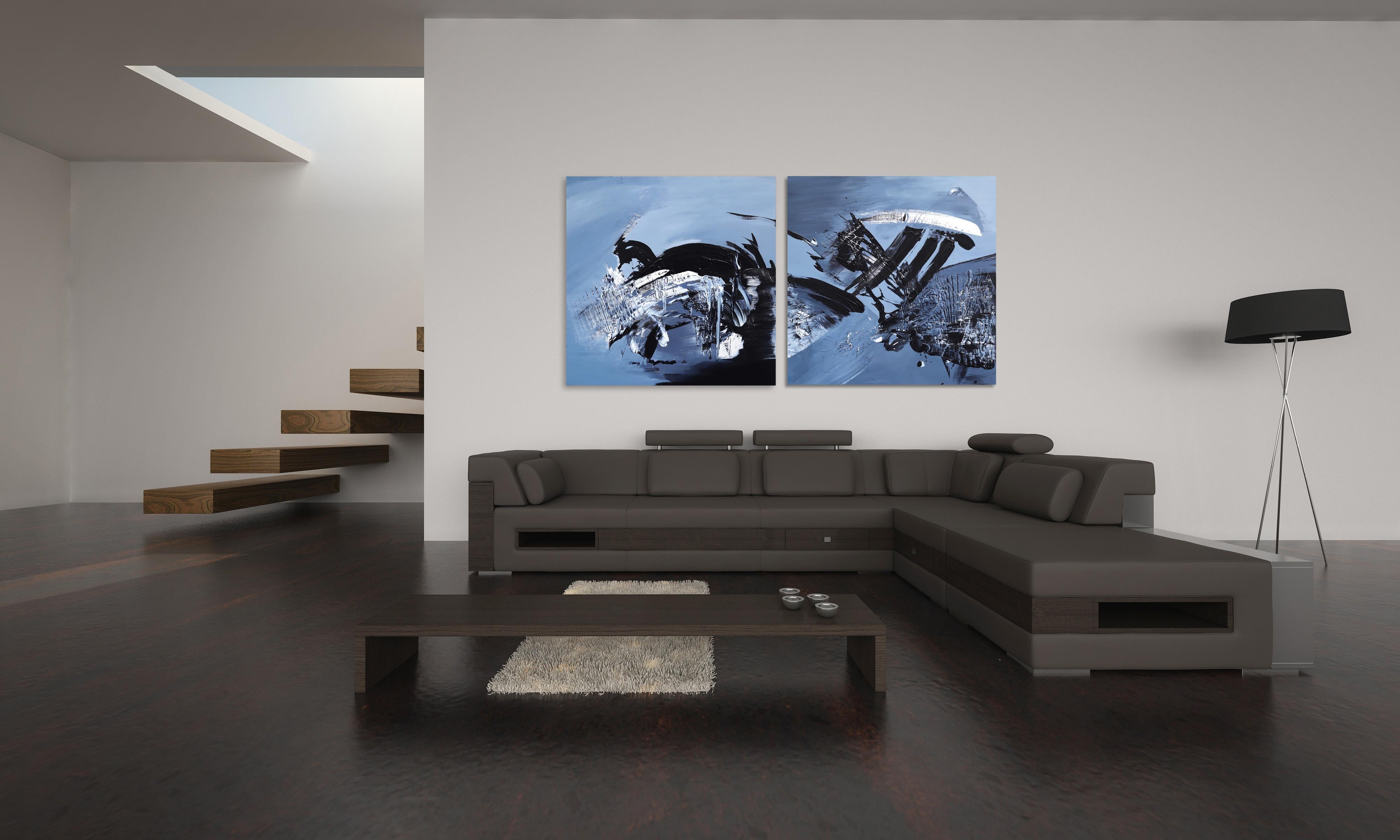 Taking the Plunge (Diptych) - Large Scale Black and White Artwork - Painting by Gail Titus