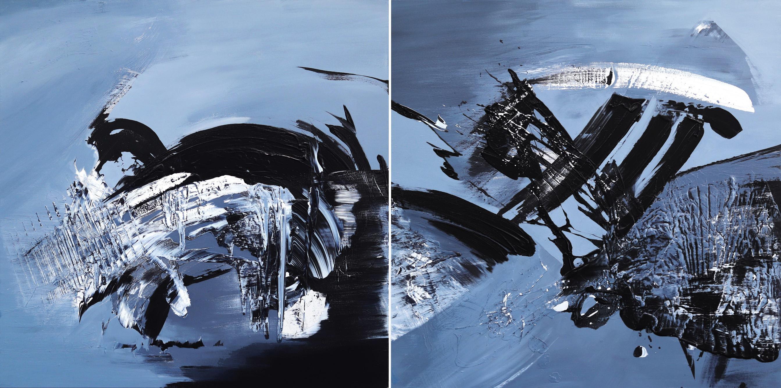 Gail Titus Abstract Painting - Taking the Plunge (Diptych) - Large Scale Black and White Artwork