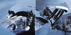 Taking the Plunge (Diptych) - Large Scale Textural Abstract Black White Artwork