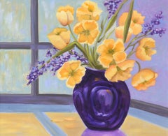 Bouquet di papaveri dorati e iris selvatici in olio su masonite
