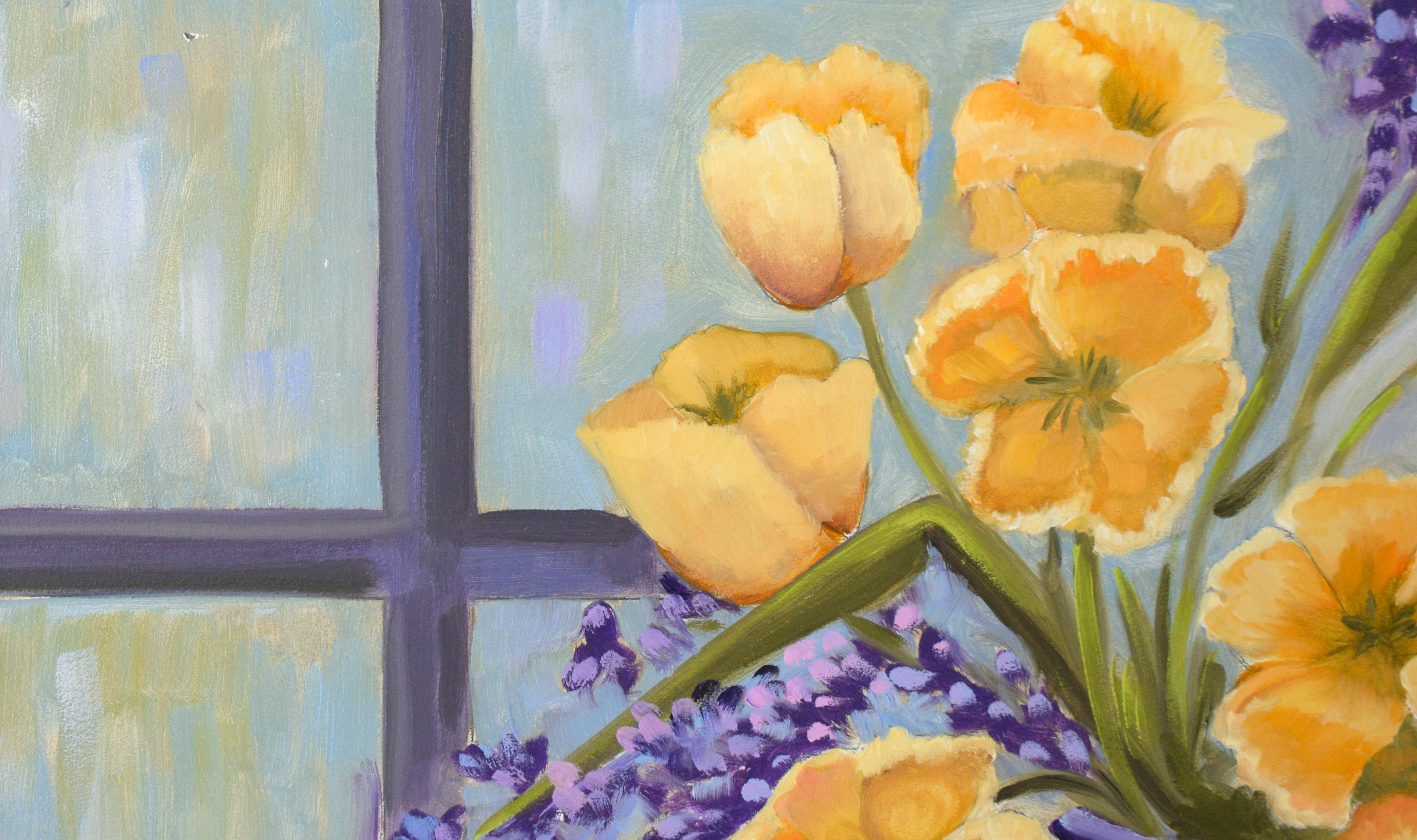 Bouquet of Golden Poppies and Wild Irises in Oil on Masonite - American Impressionist Painting by Gail Wilhelm