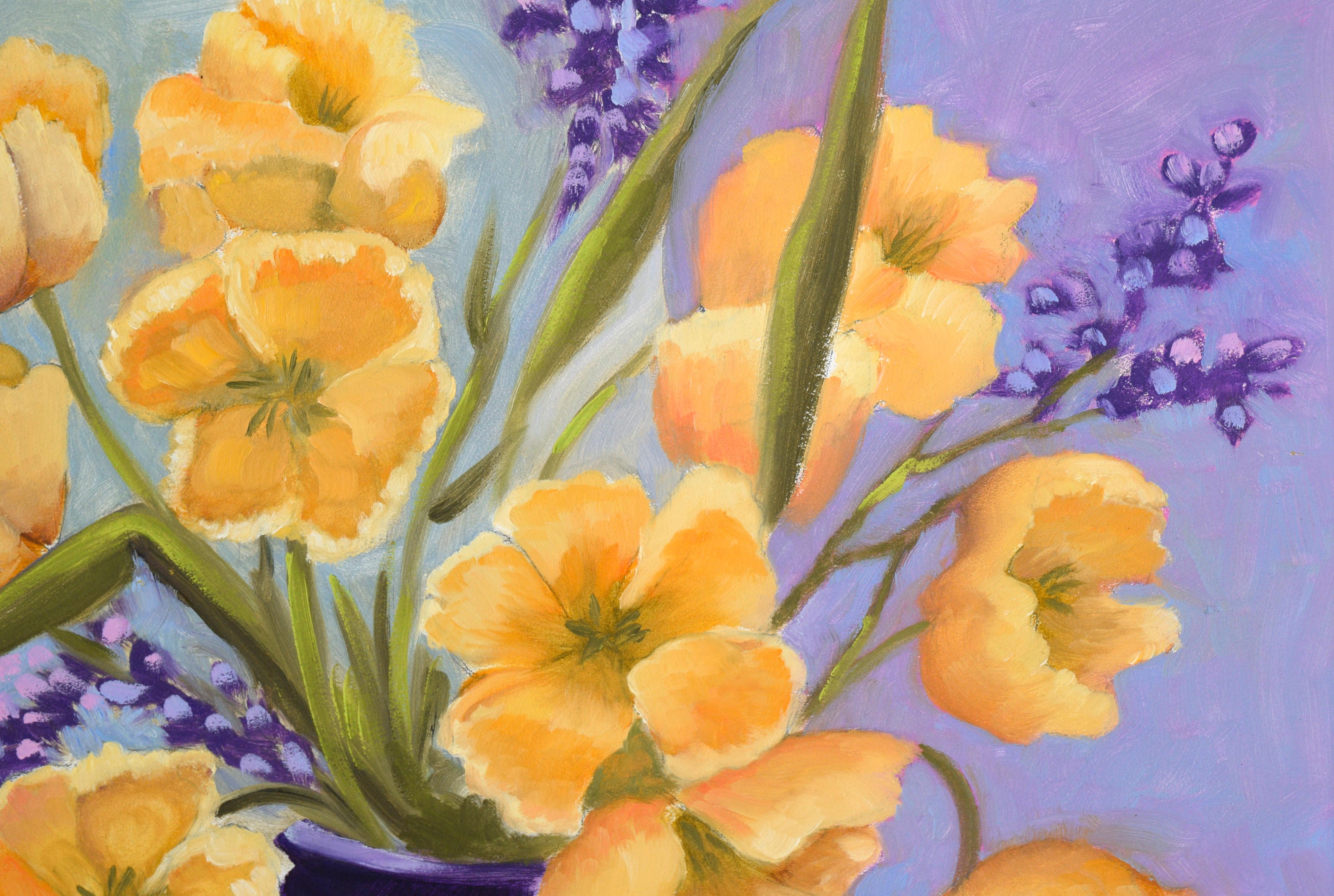 Bouquet of Golden Poppies and Wild Irises in Oil on Masonite - Brown Still-Life Painting by Gail Wilhelm