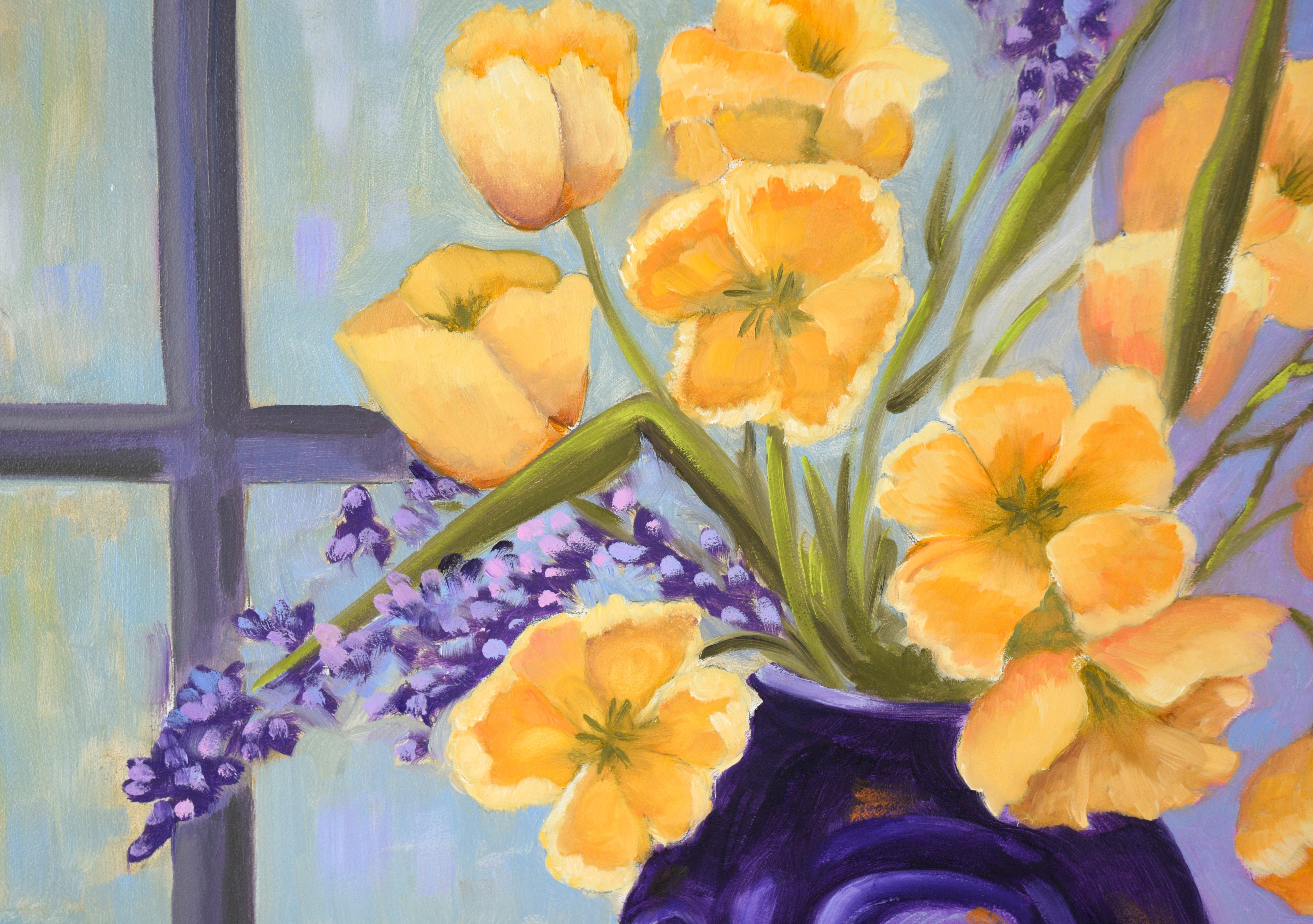 Bouquet of Golden Poppies and Wild Irises in Oil on Masonite

Vibrant bouquet in a purple vase by Novato artist Gail Wilhelm (American, 1938-2018). Bright yellow-orange California Poppies are arranged in a vase with purple wild irises. The vase is a