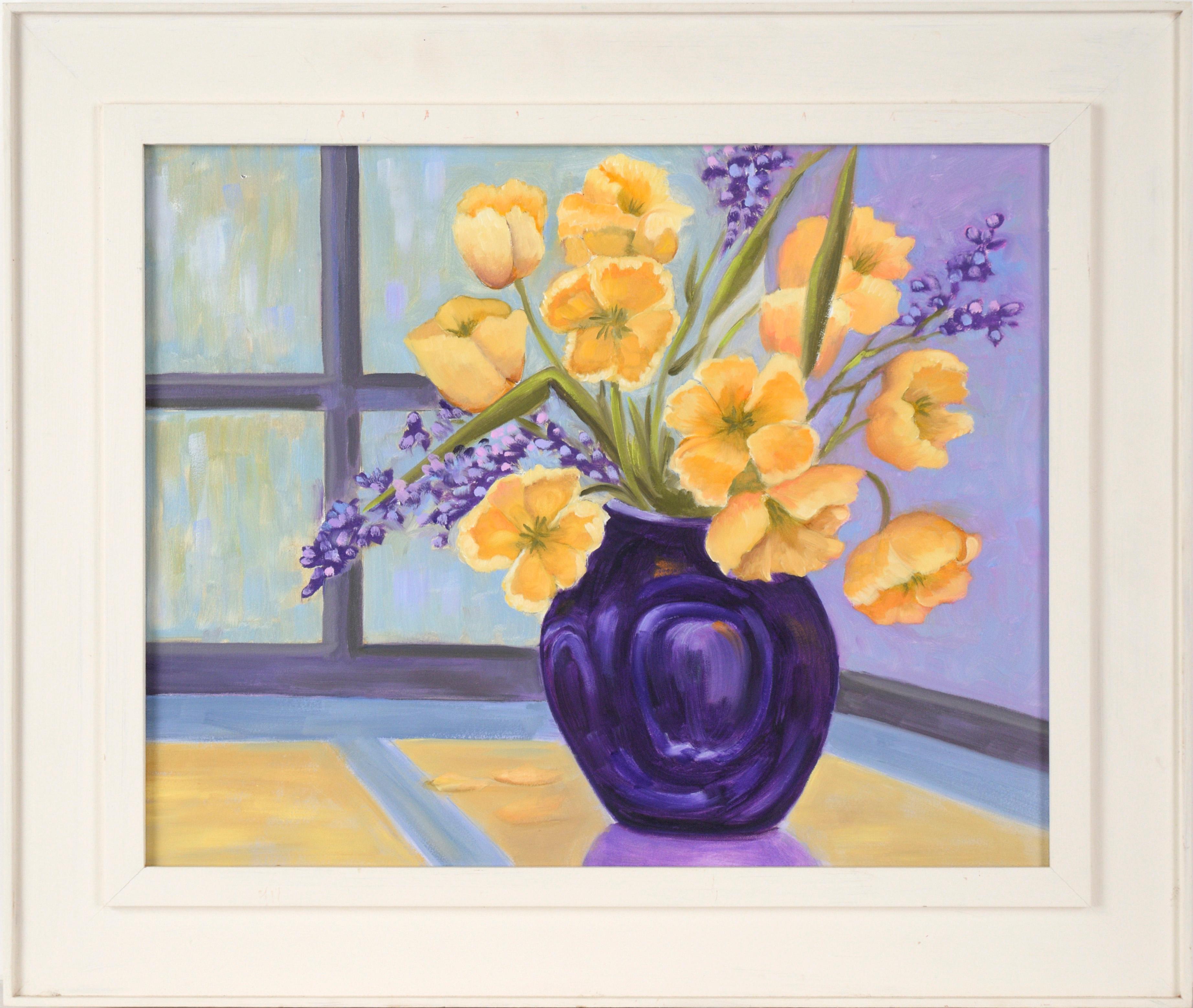 Gail Wilhelm Still-Life Painting - Bouquet of Golden Poppies and Wild Irises in Oil on Masonite