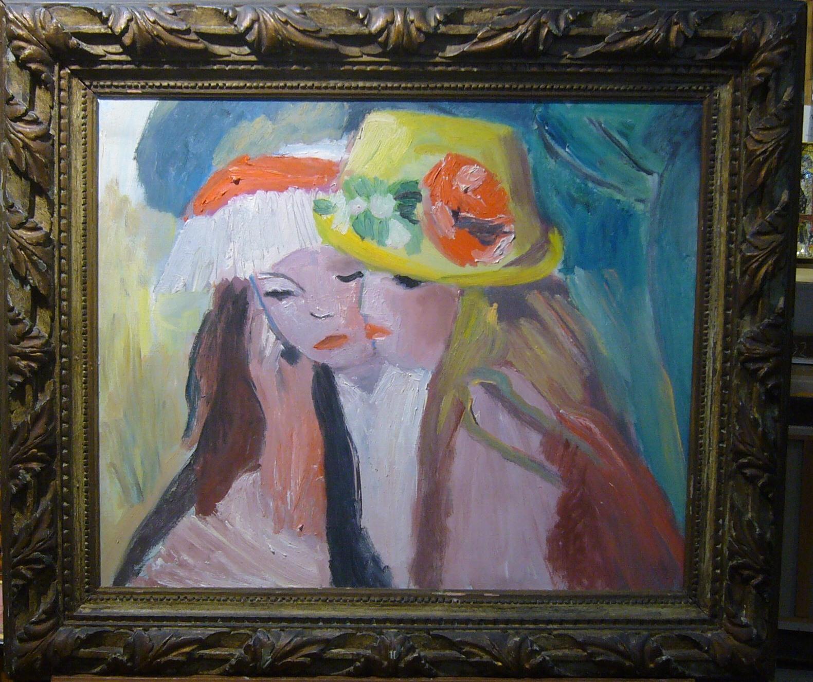 two girls, 1996 - oil paint, 66x54 cm, framed - Painting by Gainon Joelle