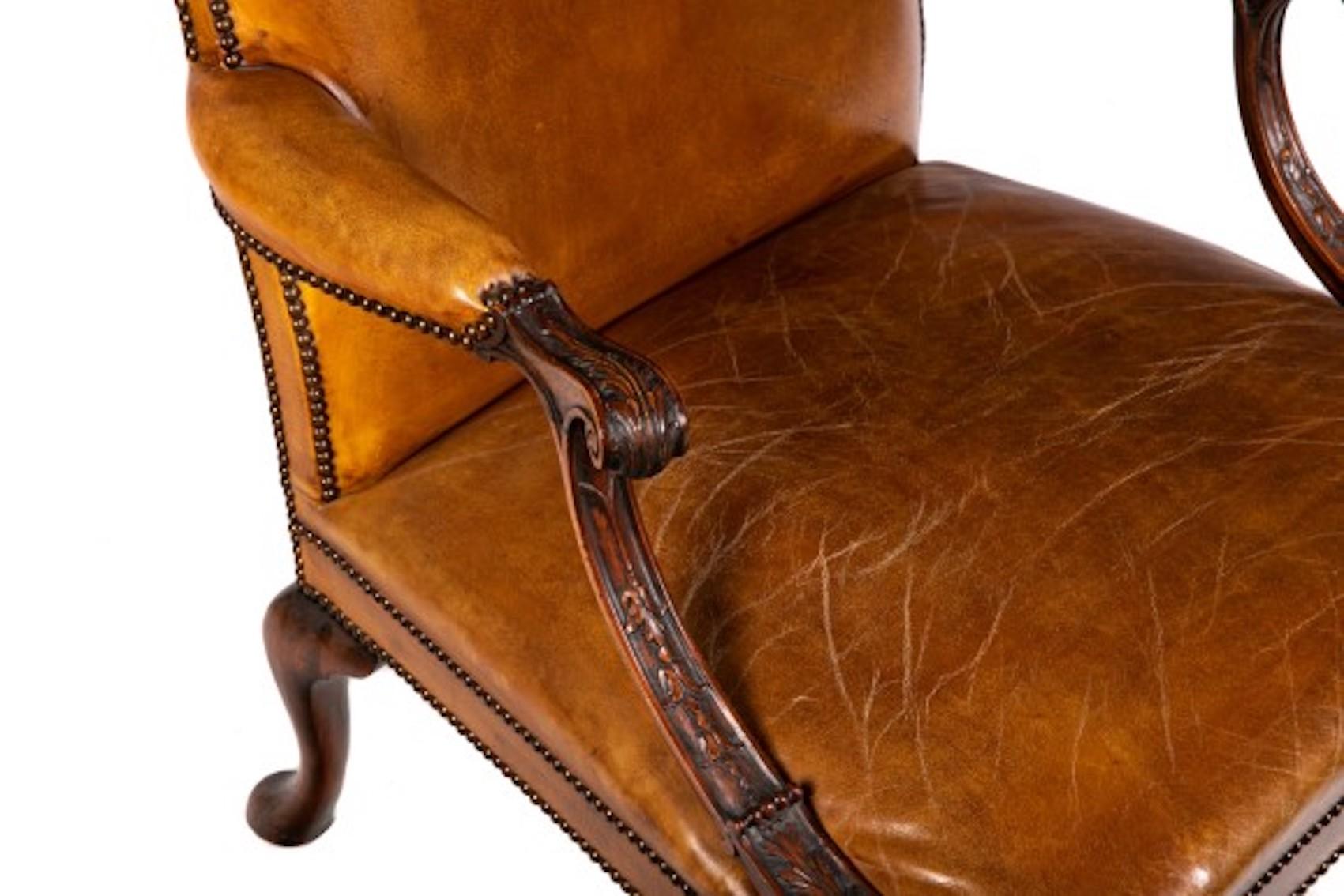 Gainsborough Style Cognac Colored Leather and Mahogany Armchair  6
