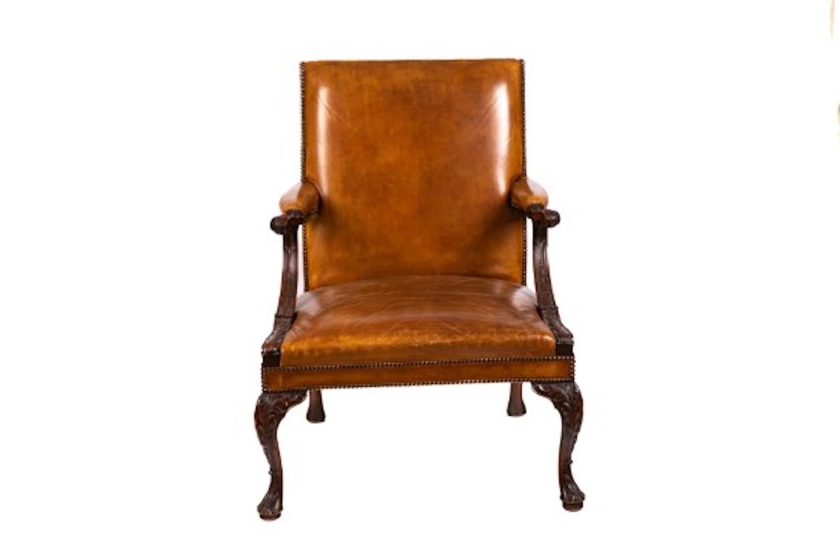 Gainsborough Style Cognac Colored Leather and Mahogany Armchair  7