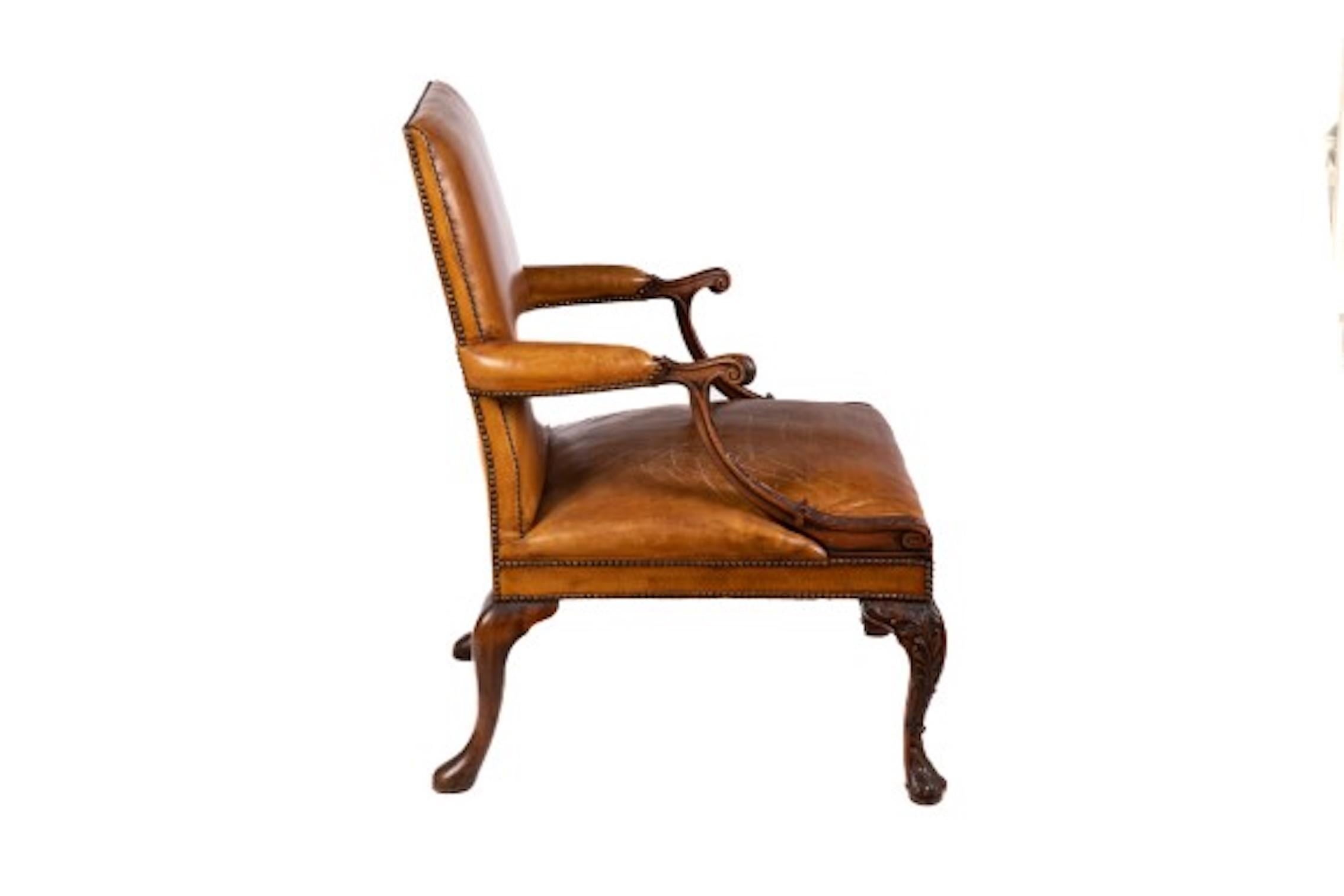 Gainsborough Style Cognac Colored Leather and Mahogany Armchair  9