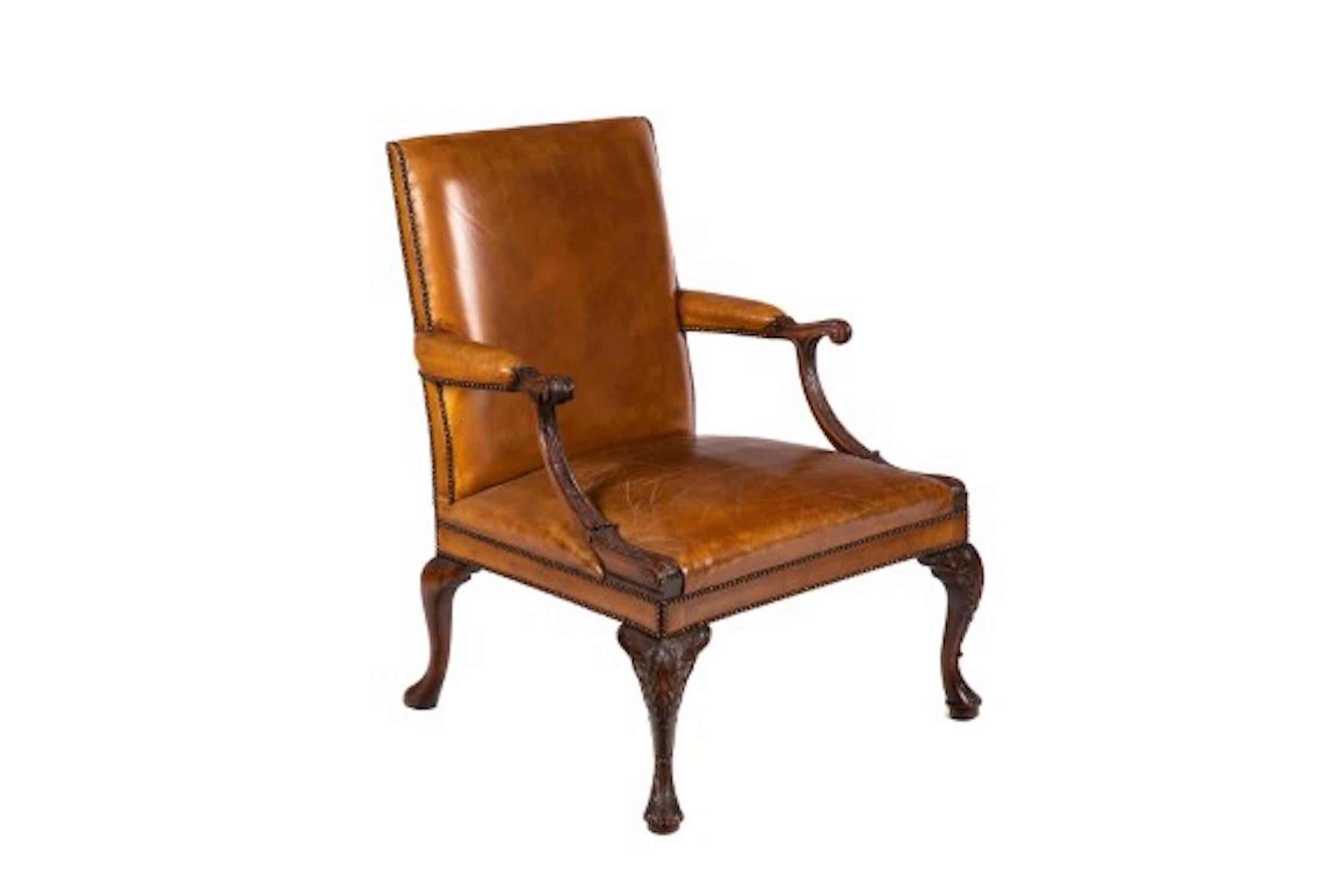 English Gainsborough Style Cognac Colored Leather and Mahogany Armchair 