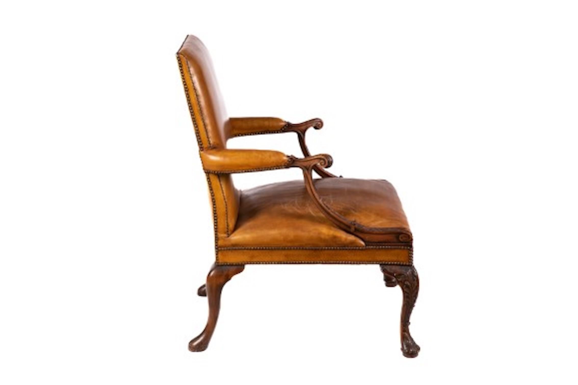 Gainsborough Style Cognac Colored Leather and Mahogany Armchair  In Good Condition In Montreal, QC
