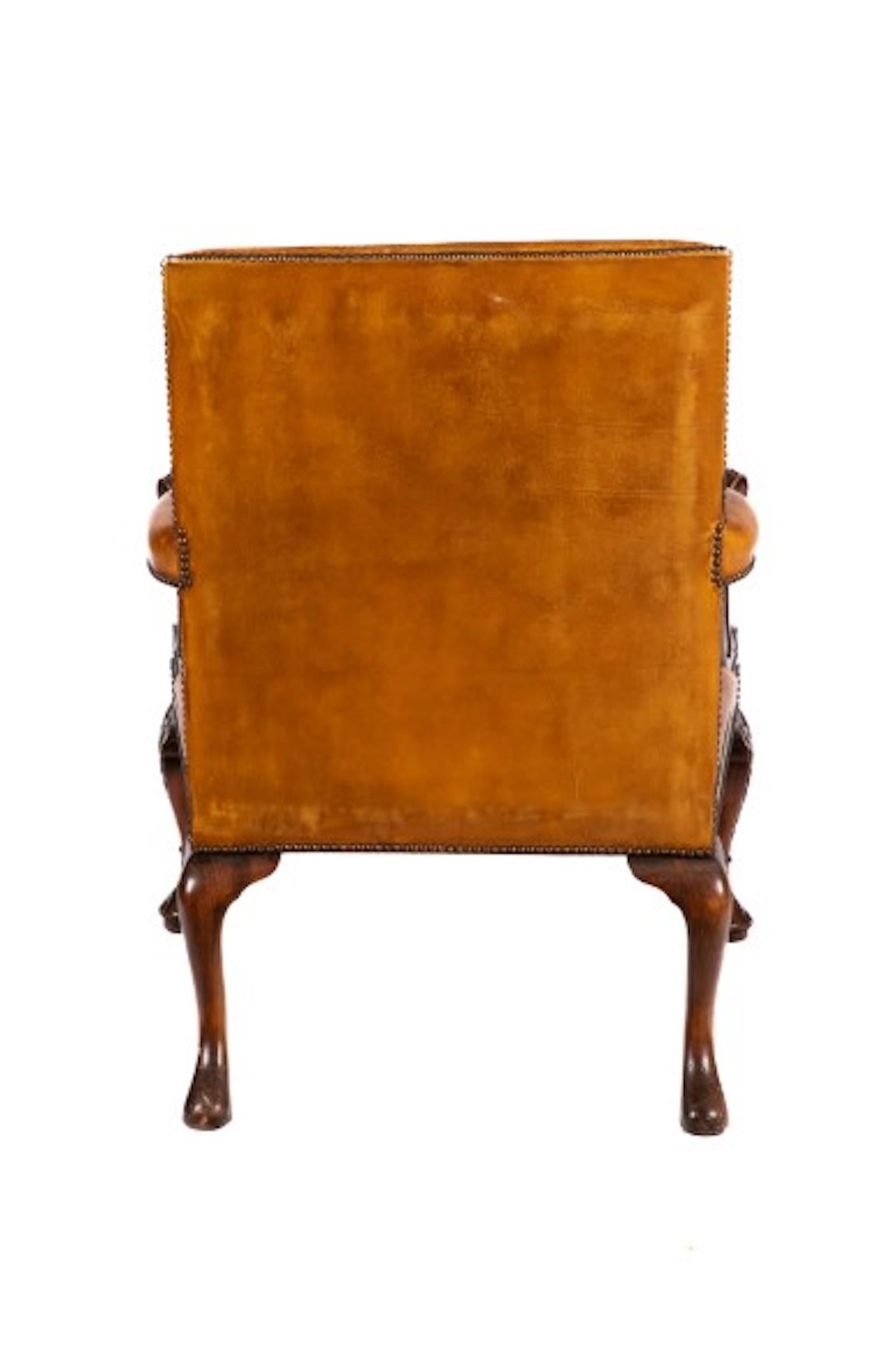 Early 20th Century Gainsborough Style Cognac Colored Leather and Mahogany Armchair 