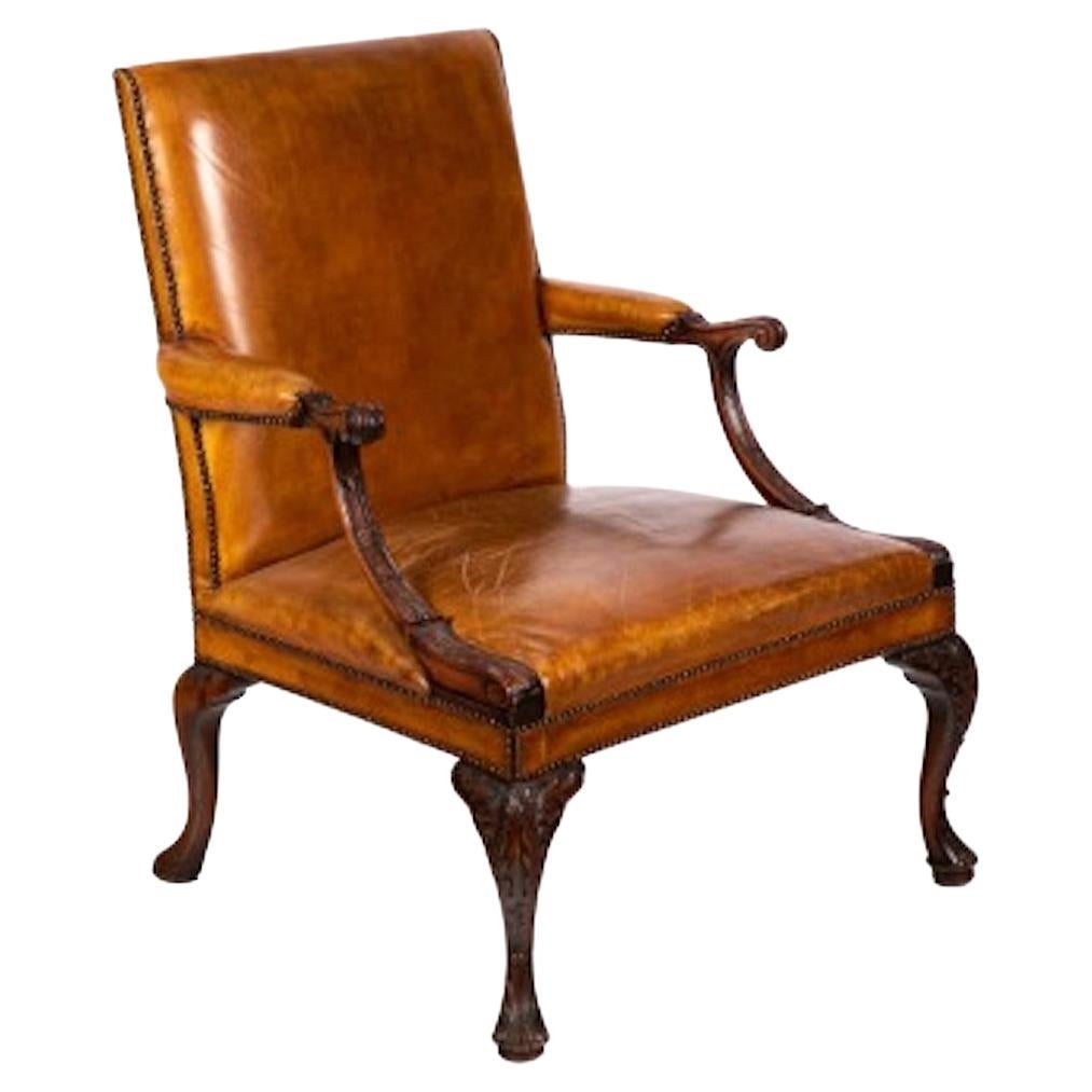 Cognacfarbener Sessel aus Leder und Mahagoni im Gainsborough-Stil 