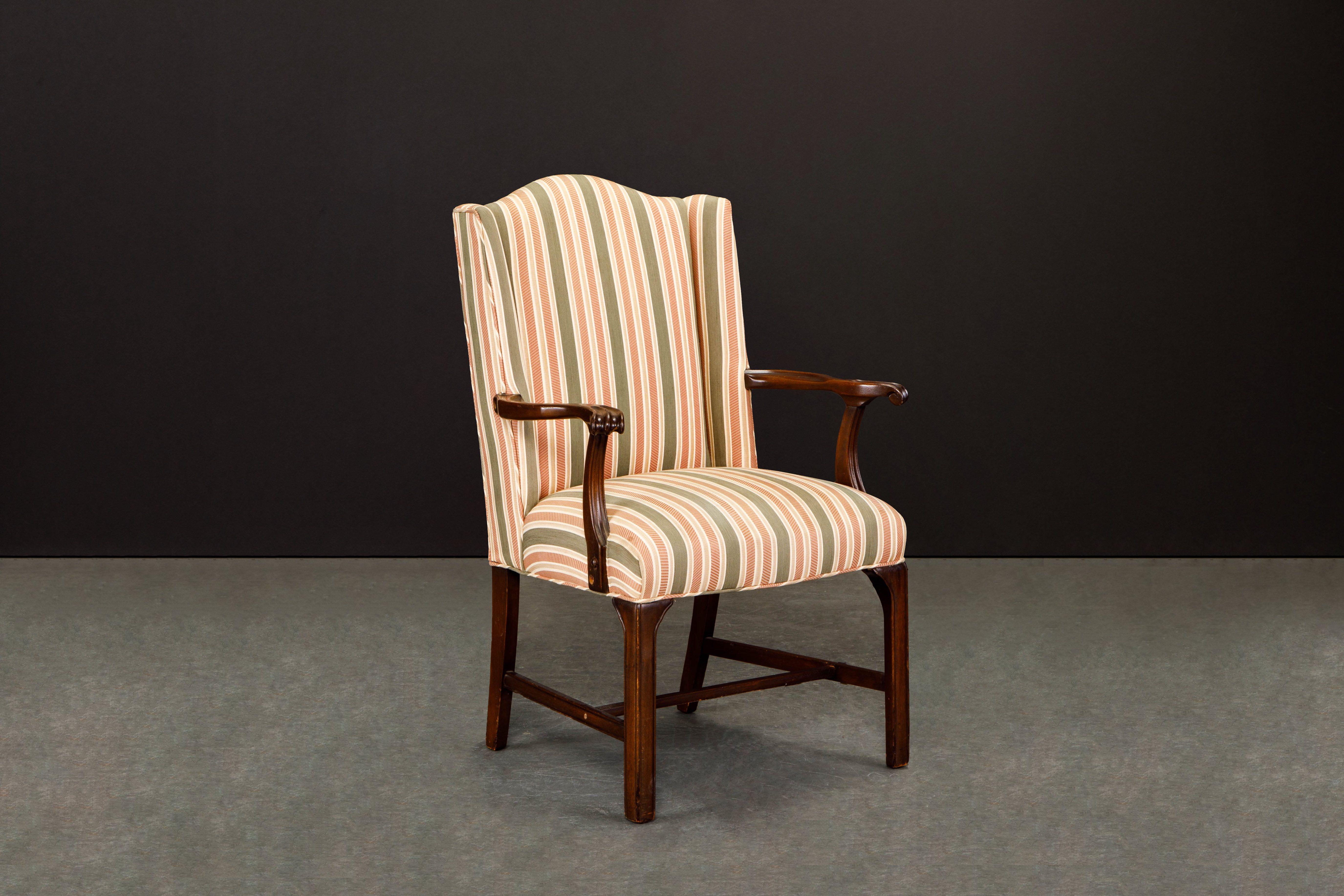 Chippendale Gainsborough Wingback Armchair Upholstered in Striped Fabric