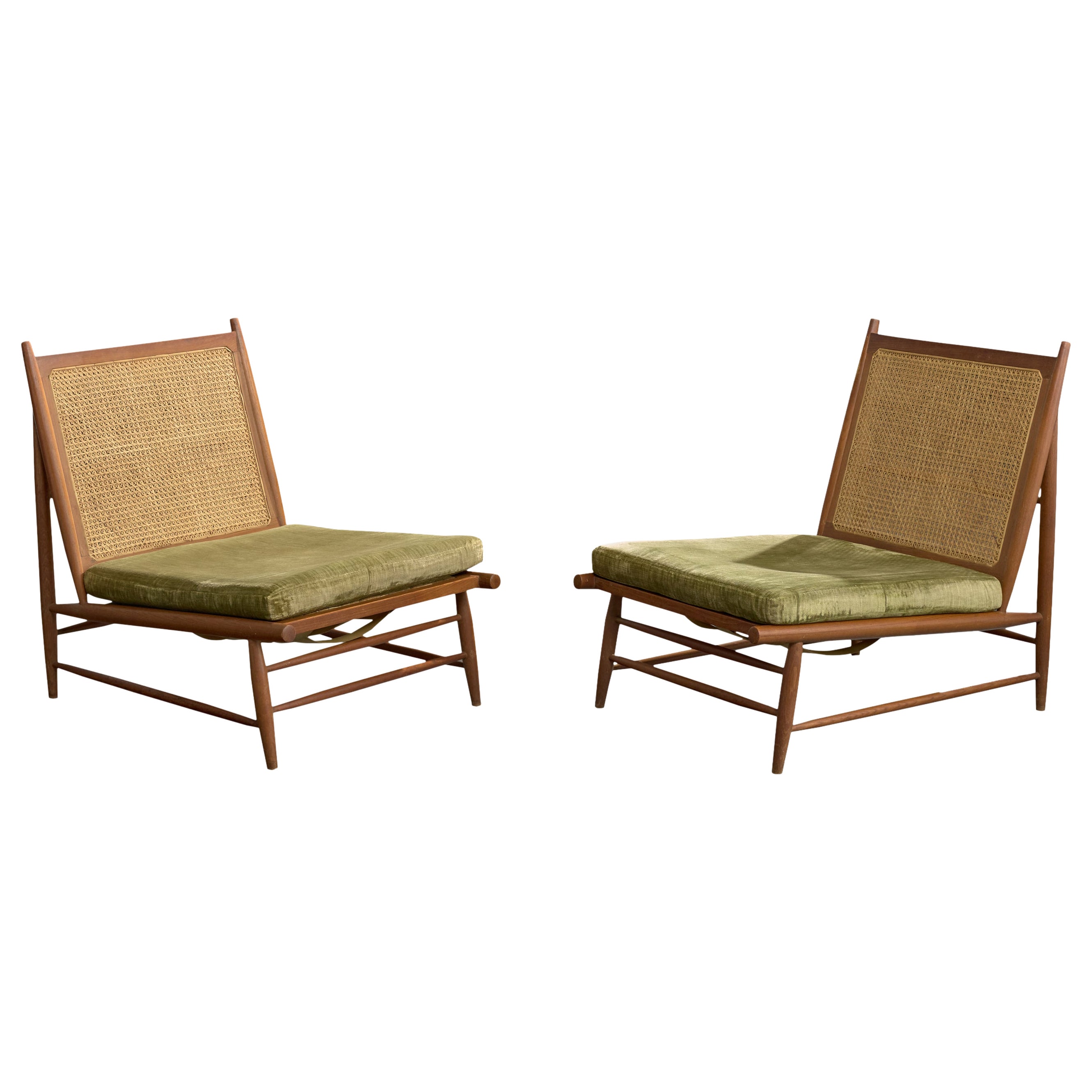 Gajanan Upadhyay, Lounge Chairs, Rattan, Teak, Velvet, India, 1964