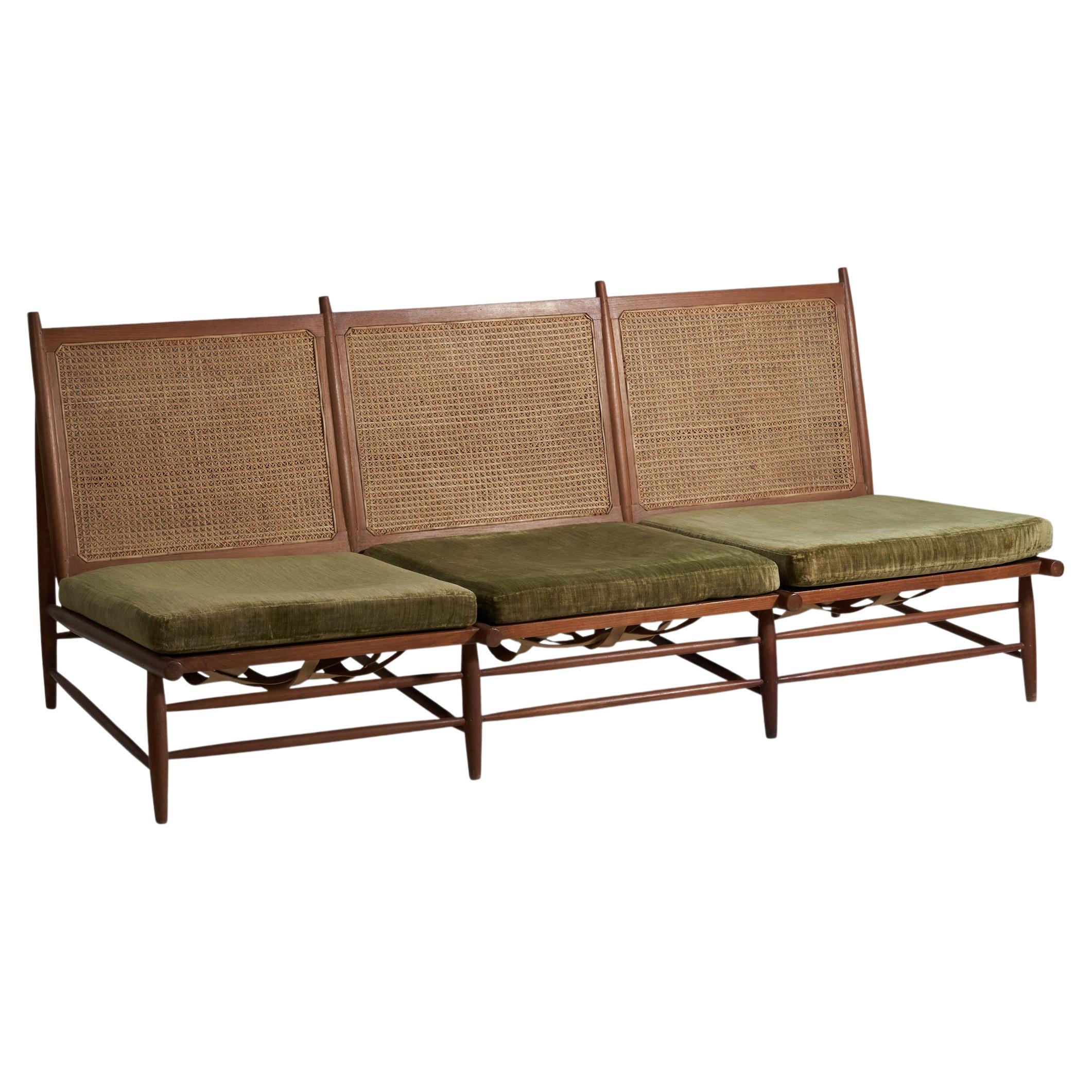 Gajanan Upadhyay, Sofa, Rattan, Teak, Velvet, NID, India, c. 1964