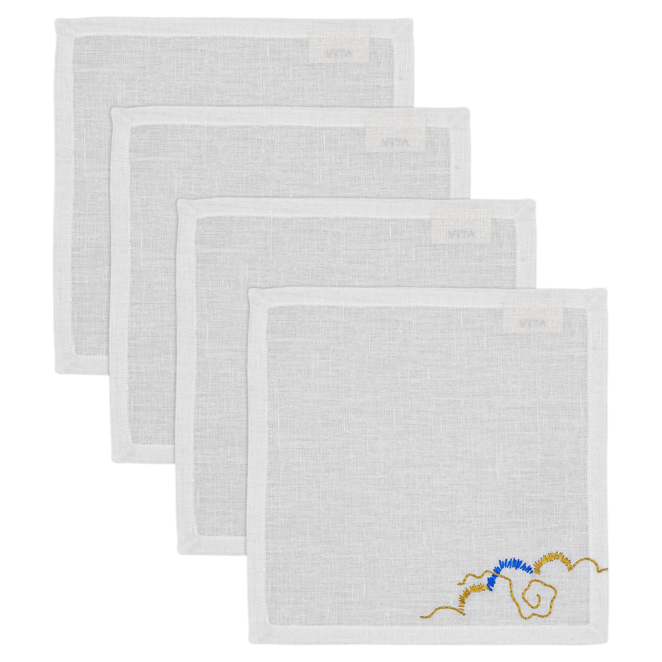 Hand Embroidered Cocktail Napkins, Gajasimha White Set , Viya by Vikram Goyal For Sale