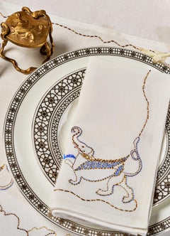 Gajasimha Hand Embroidered White & Gold Napkin, Viya by Vikram Goyal