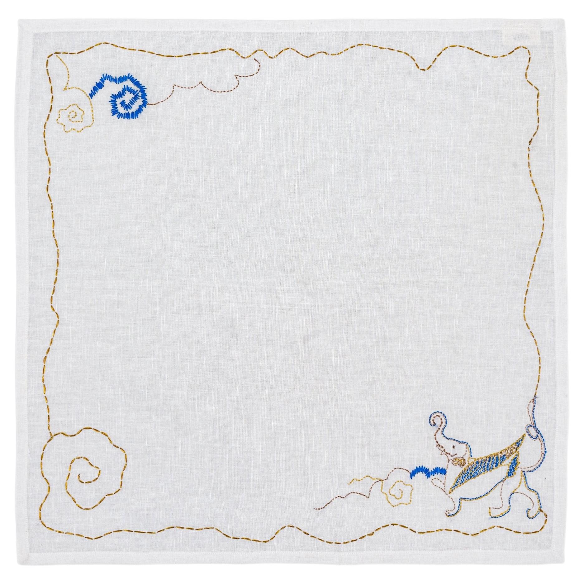 Hand Embroidered Cocktail Napkins, Gajasimha White & Gold, Viya by Vikram Goyal For Sale