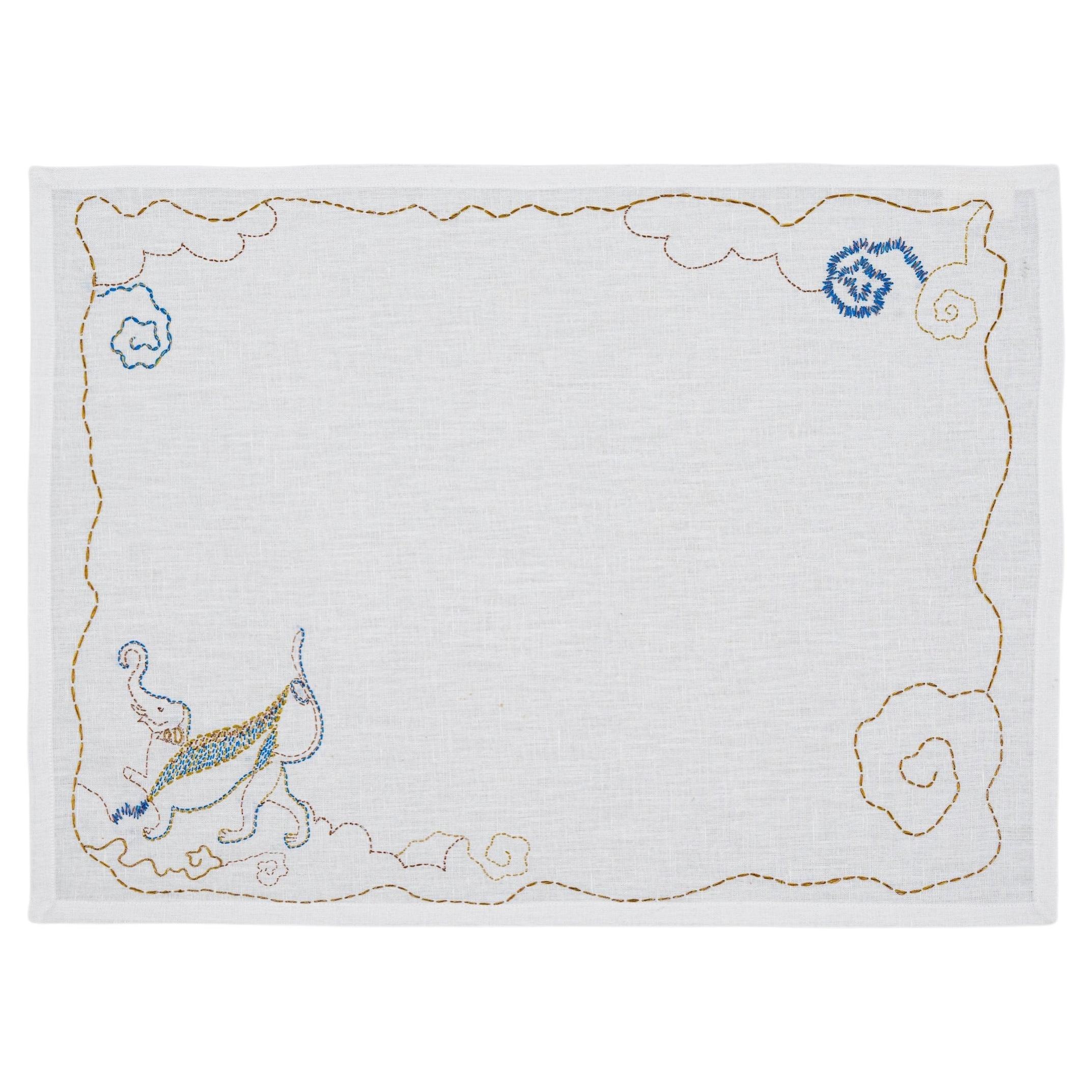Gajasimha Hand Embroidered White Placemat, Viya by Vikram Goyal