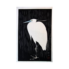 Japanese Woodblock Print of Single Snowy Heron in the Rain Published by Watanabe