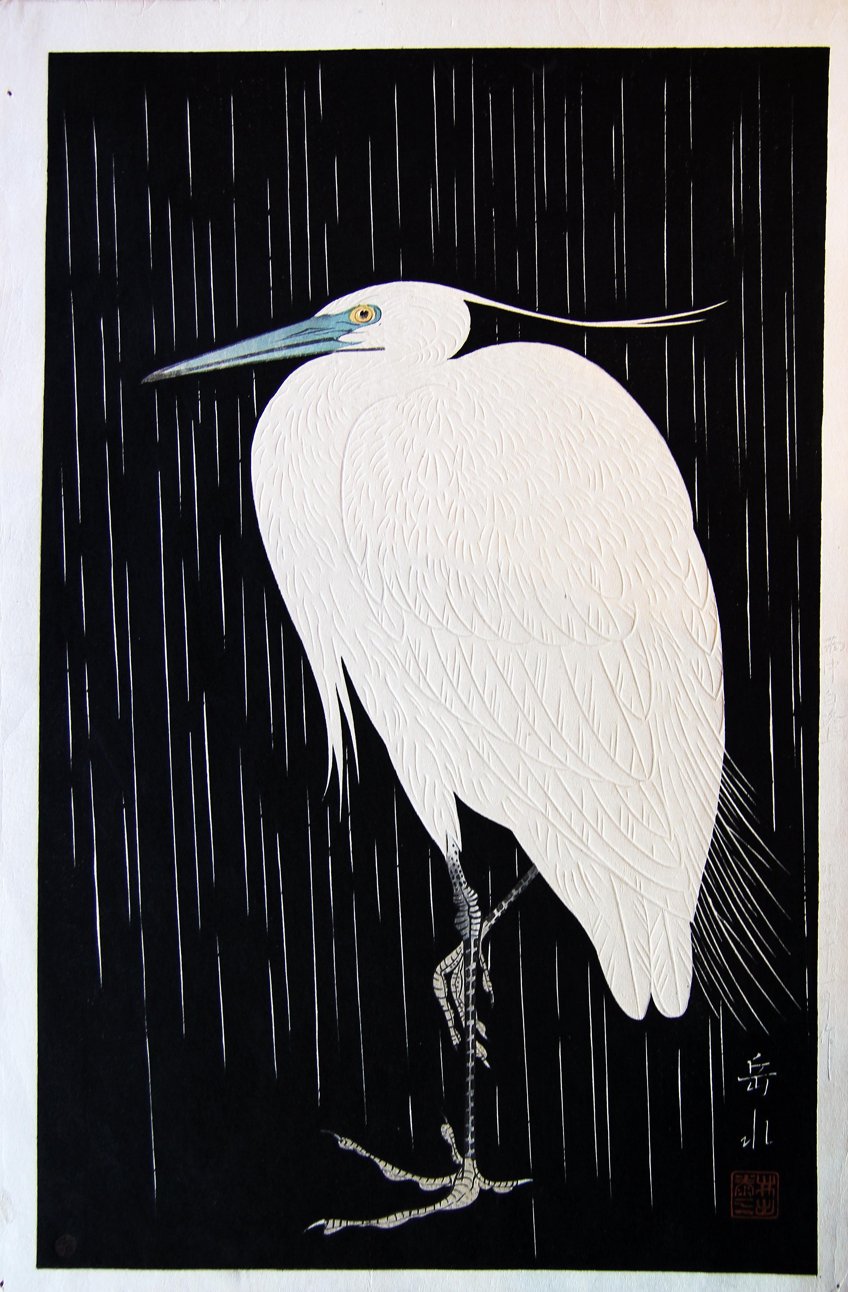 Gakusui Ide Animal Print - Japanese Woodblock Print of Single Snowy Heron in the Rain Published by Watanabe