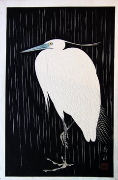 Japanese Woodblock Print of Single Snowy Heron in the Rain Published by Watanabe