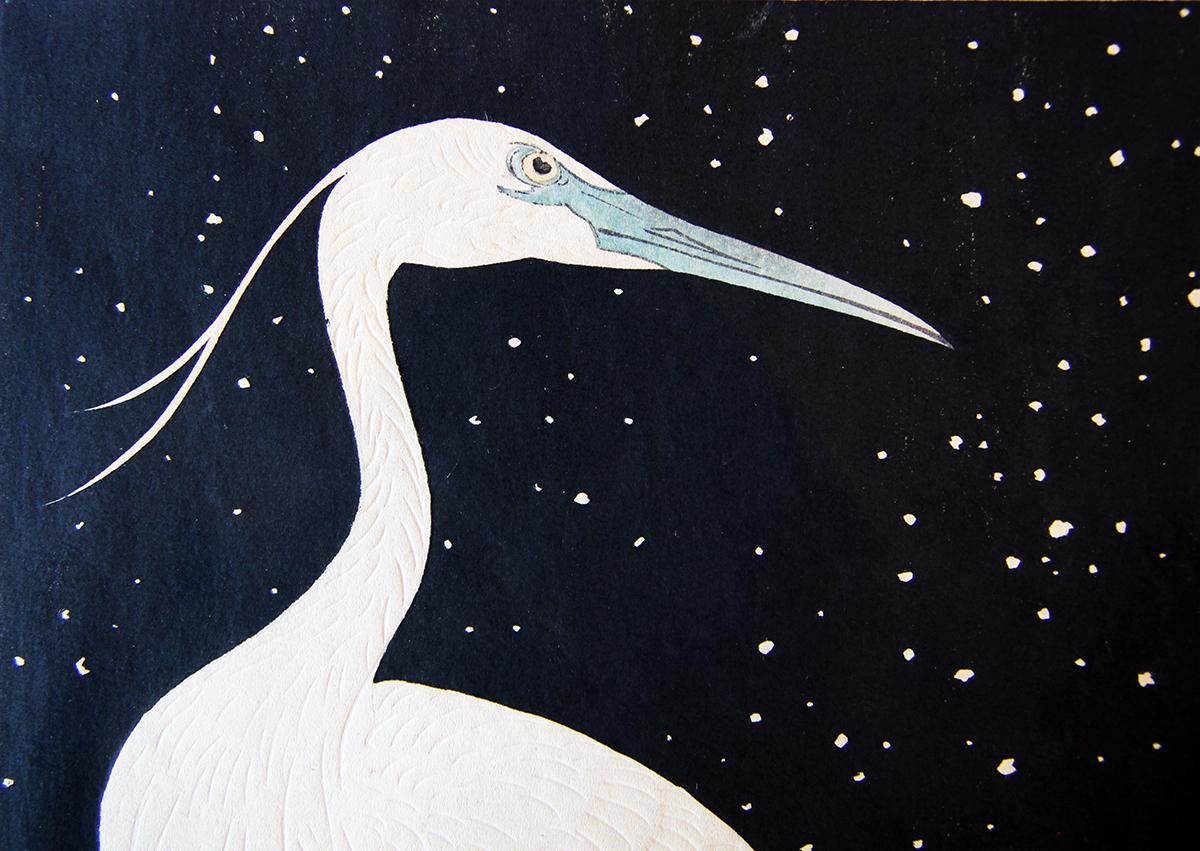 Japanese Woodblock Print of Two White Herons in the Snow Published by Watanabe 1