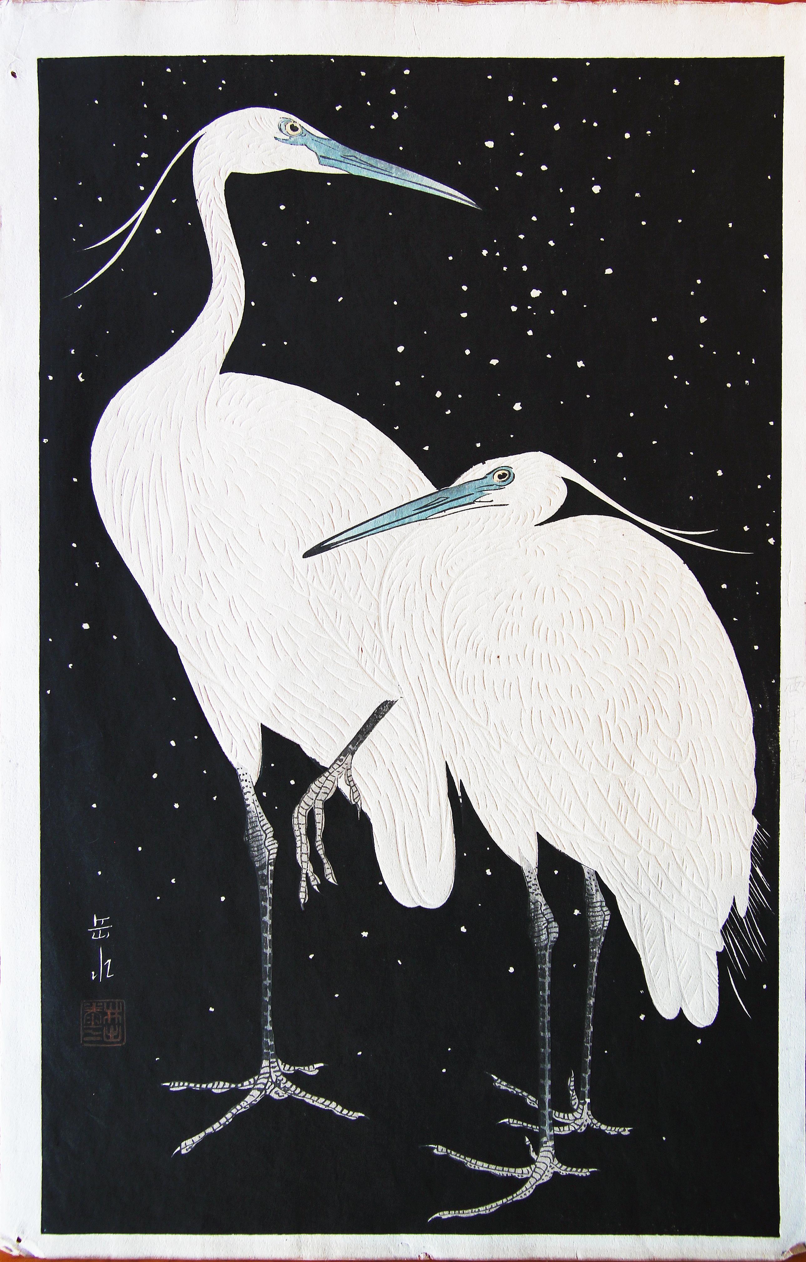 Gakusui Ide Abstract Print - Japanese Woodblock Print of Two White Herons in the Snow Published by Watanabe
