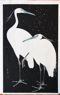 Japanese Woodblock Print of Two White Herons in the Snow Published by Watanabe