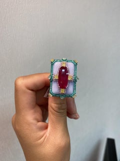 GAL 150K Rare Platinum 18KT Gold Glittering 37CT Natural Ruby Lavender Jade Ring