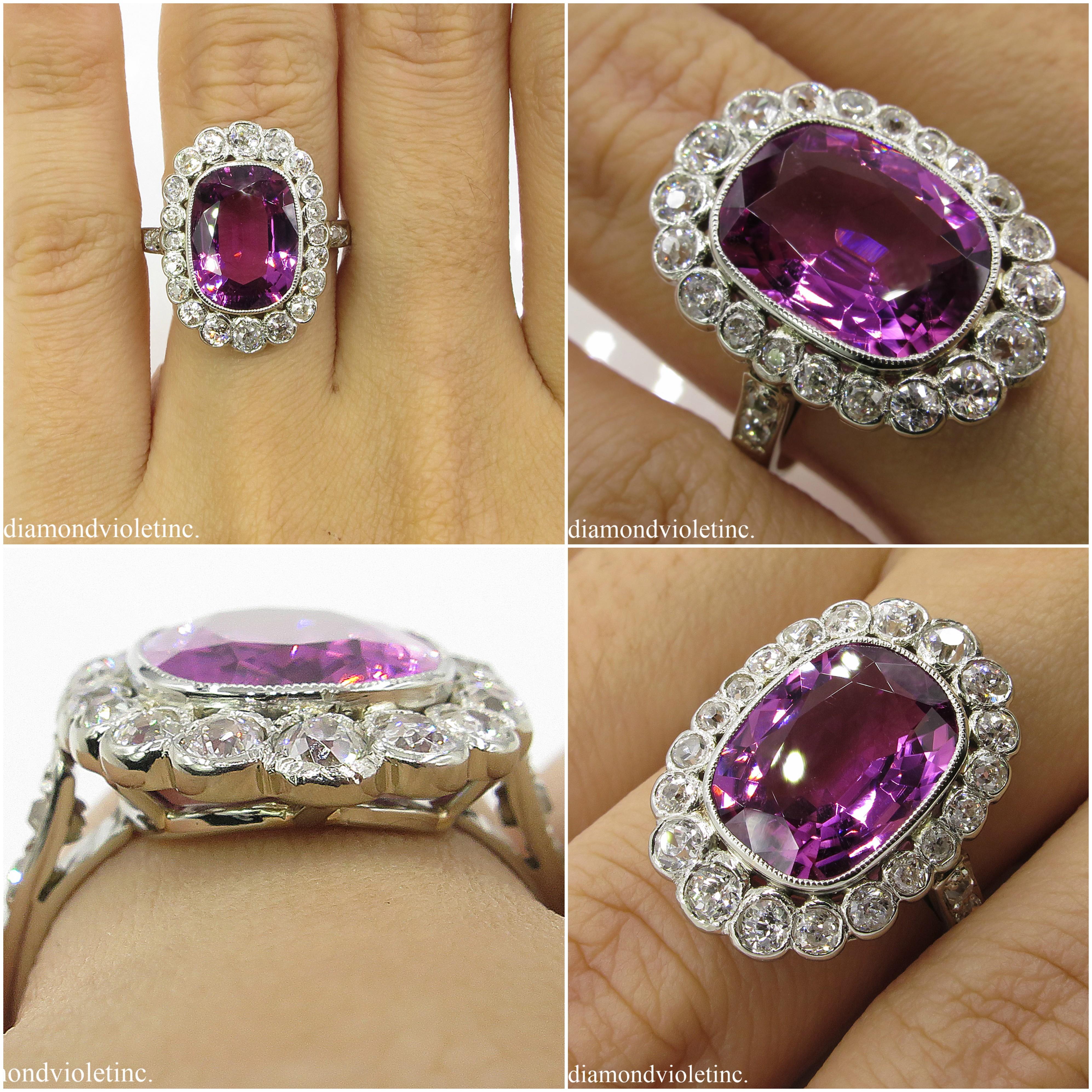 GAL 5.80 Carat Art Deco Pink Tourmaline Diamond Cluster White Gold Ring 6
