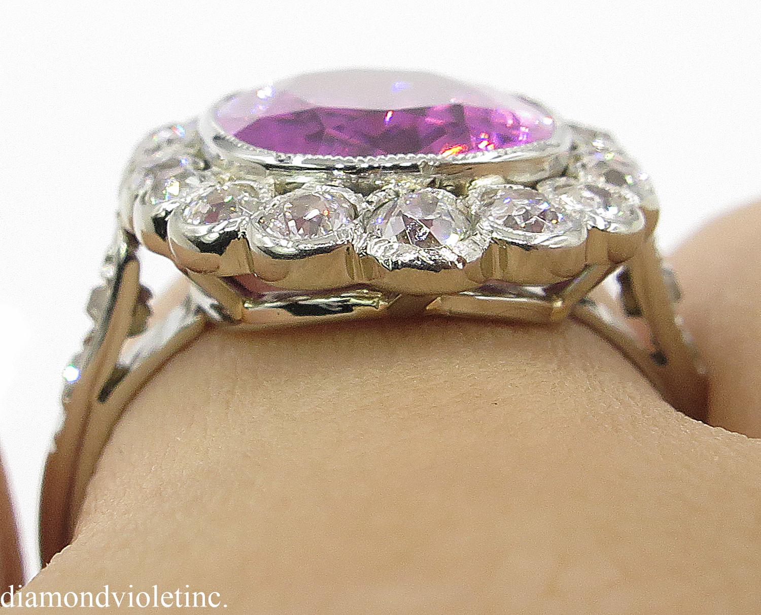 GAL 5.80 Carat Art Deco Pink Tourmaline Diamond Cluster White Gold Ring 9