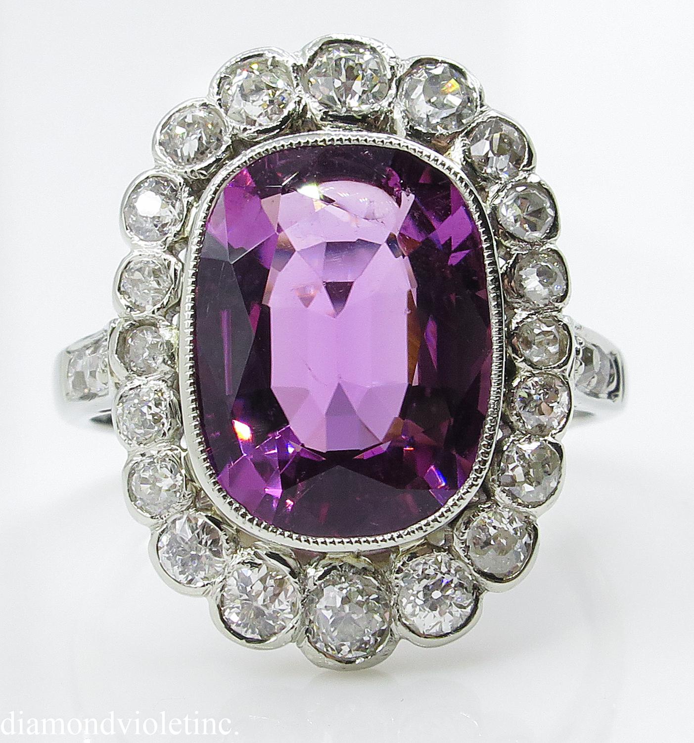 A super RARE find from our Estate Color Stone Collection! The Tourmaline is beyond words!! Amazing Art Deco Tourmaline and Diamond Cluster Engagement Ring in 18k White Gold (tested) dazzles GAL Certified 4.55ct Cushion cut Tourmaline in Gorgeous