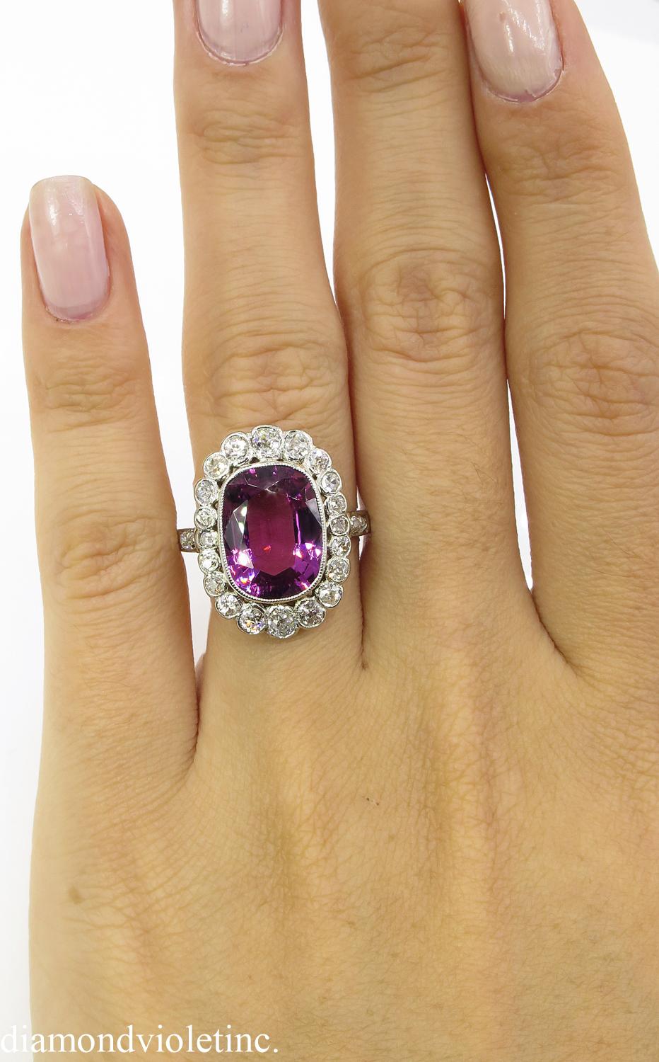 GAL 5.80 Carat Art Deco Pink Tourmaline Diamond Cluster White Gold Ring 4