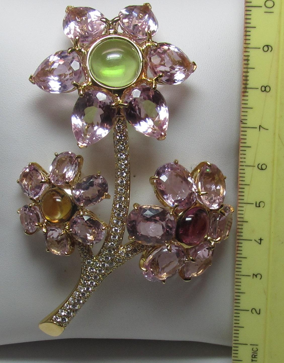 NEW GAL CERT Kunzite Tourmaline Diamond Flower Brooch 18K Gold LFPARIS Mark For Sale 4