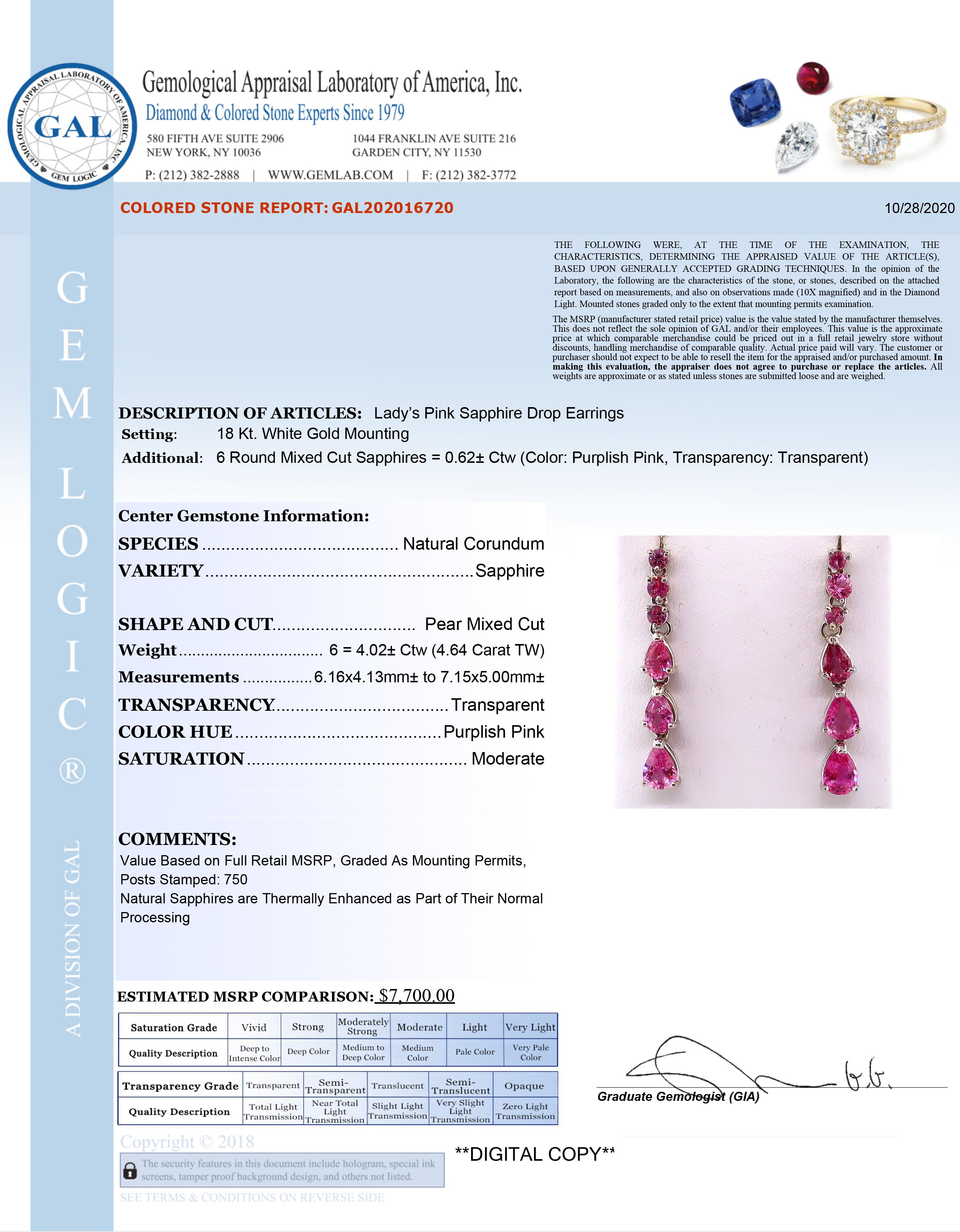 Pear Cut NEW Natural Pink Sapphire Earrings in 18K White Gold GAL cert For Sale