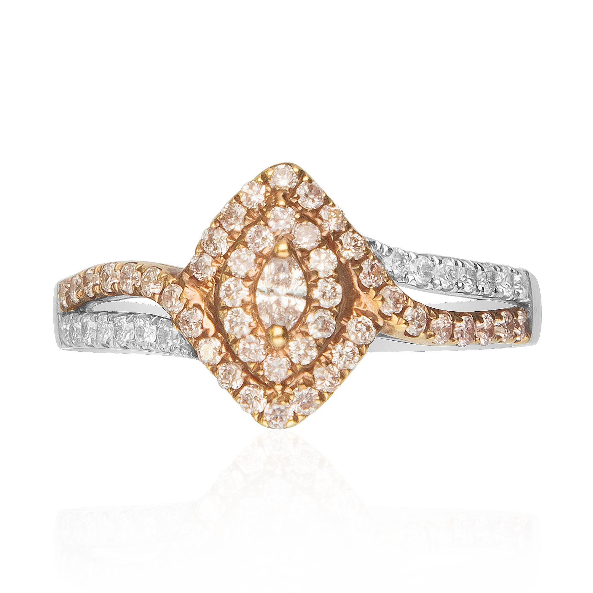 This Engagement ring is crafted in 18-karat Two Tone gold and features a GAL Certified Marquise Pink Diamond 0.08 Carat VS-SI quality, surrounded by 44 round Pink Diamonds 0.35 Carat,  & 14 Round Diamonds 0.10 Carat. This ring comes in size 7 and is