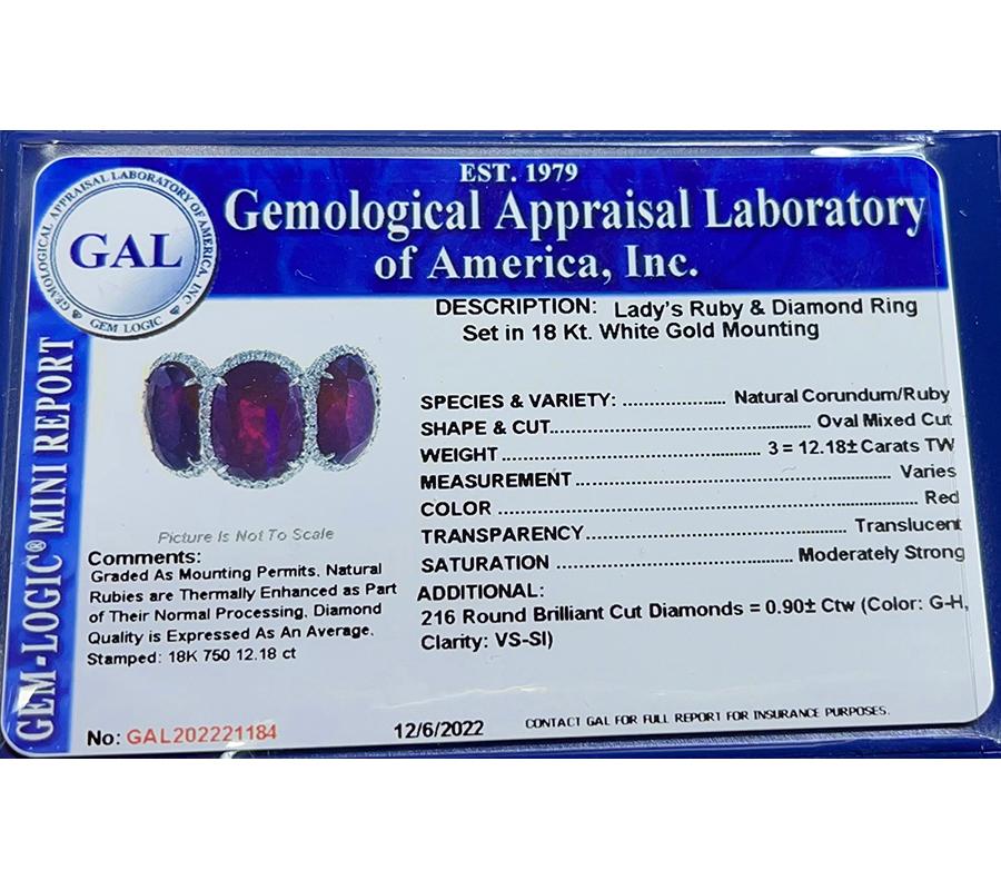 GAL Certified 12.18ct Ruby 1.00ct Diamond Ring Bon état - En vente à New York, NY