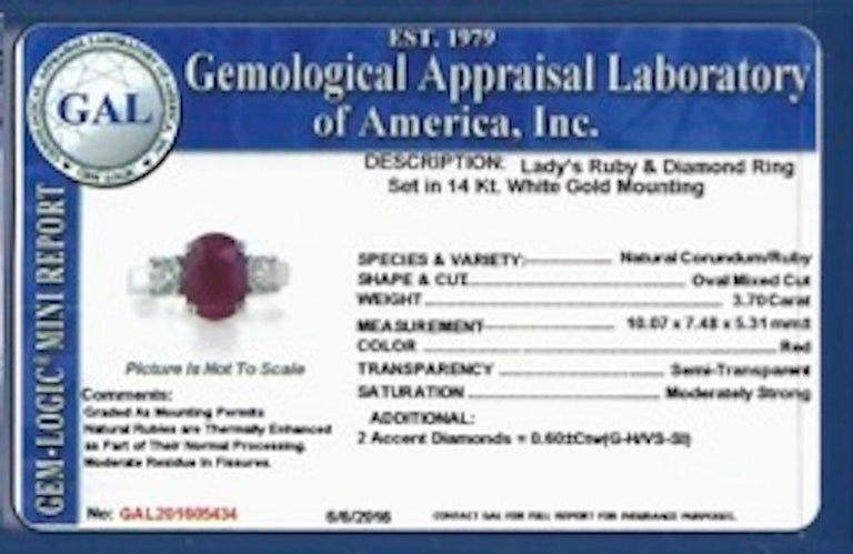 GAL Certified 3 70 Carat Oval Ruby Diamond Three Stone Ring 14 Karat