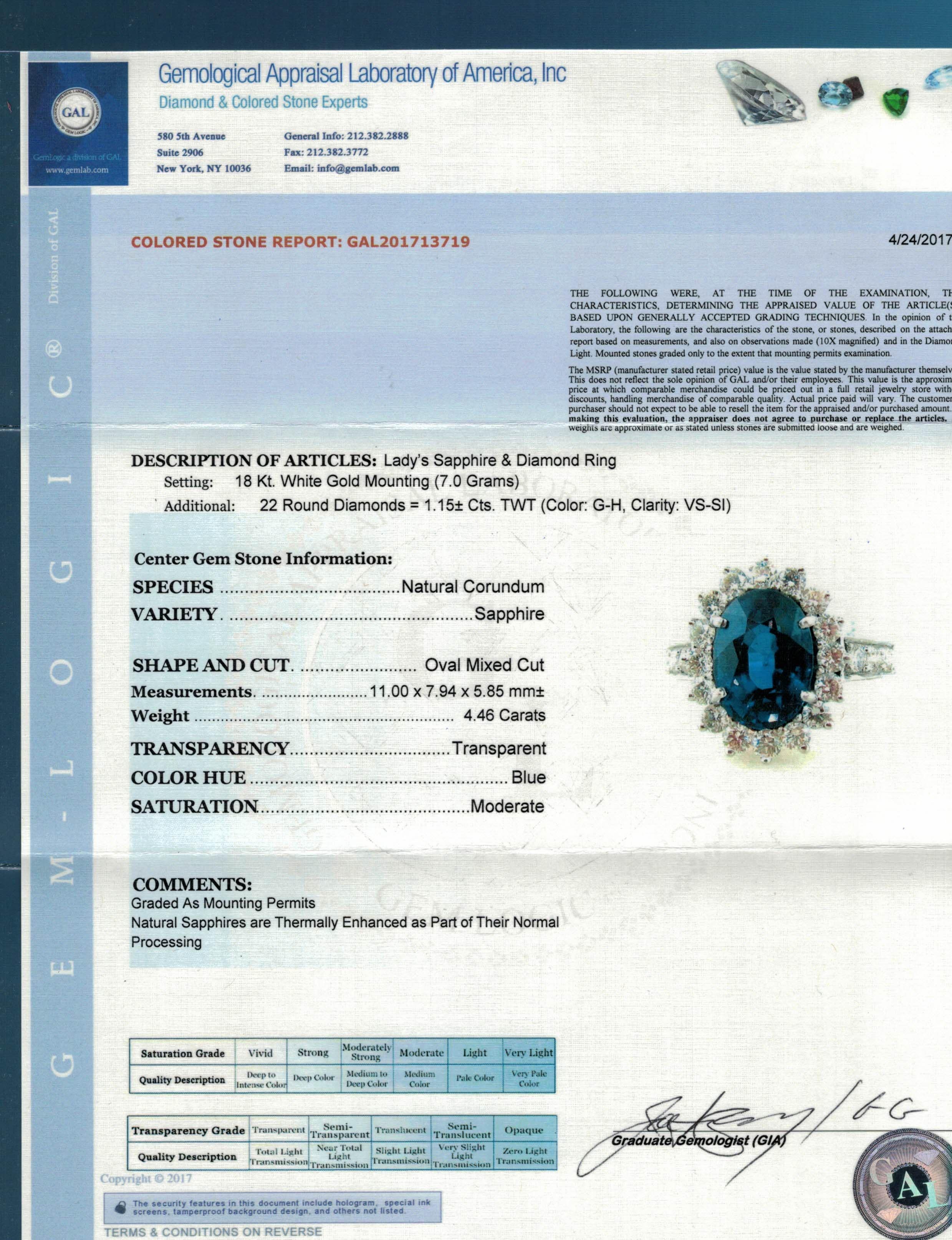 GAL Certified 4.46 Carat Natural Blue Sapphire and Diamond Ring For Sale 4