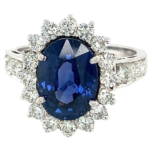 GAL Certified 4.46 Carat Natural Blue Sapphire and Diamond Ring For Sale