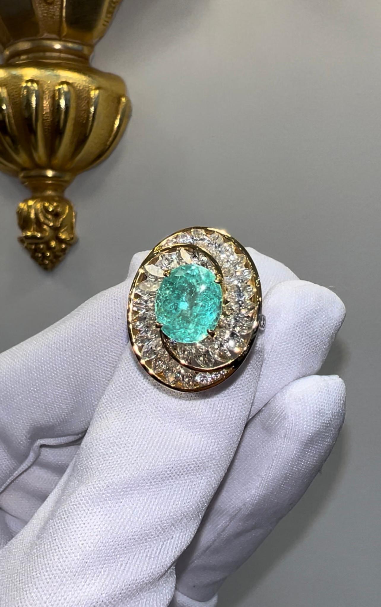 Taille ovale Tourmaline Paraiba certifiée GAL de 5,39 carats, diamants marquises sur mesure, enroulé en spirale en vente