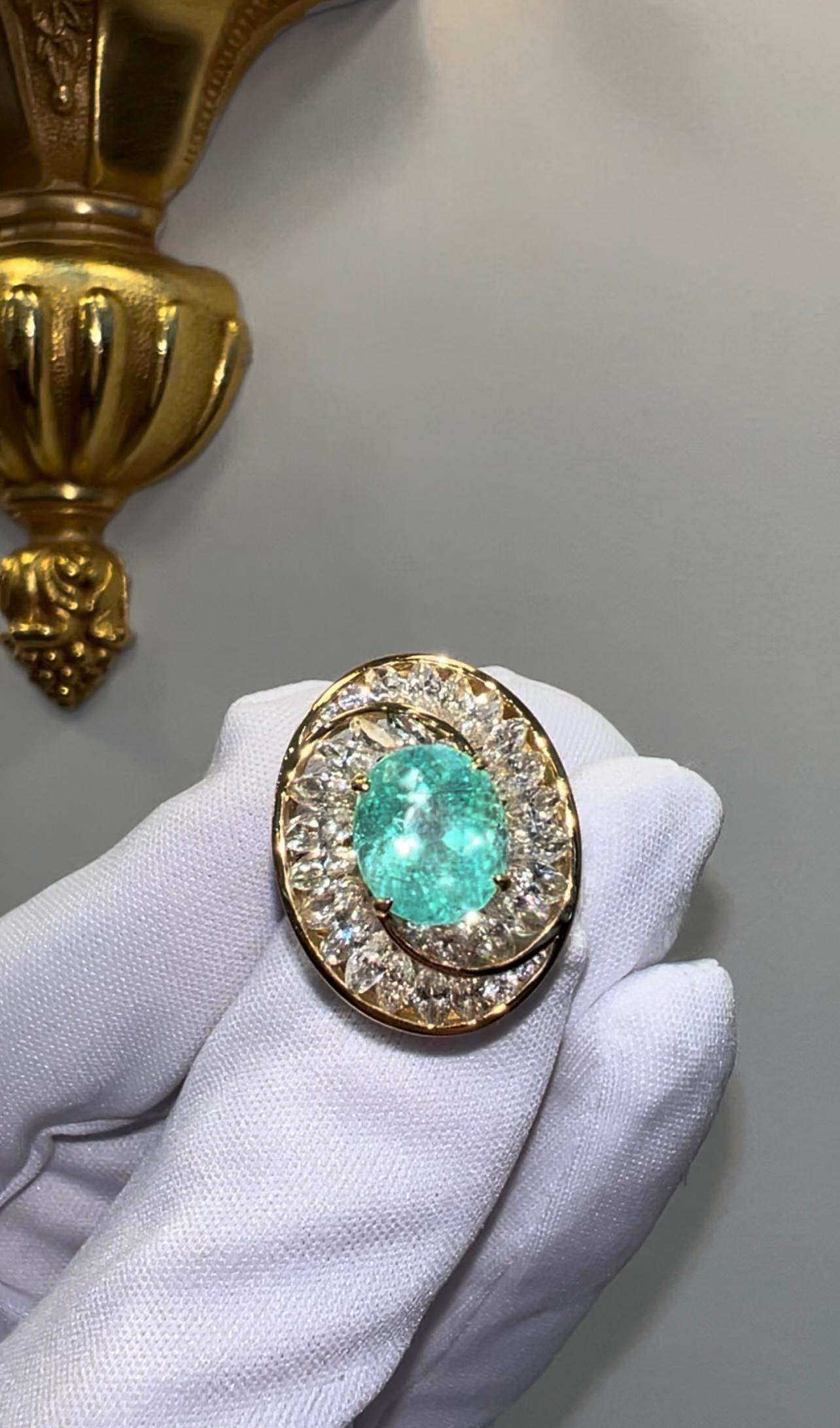 Tourmaline Paraiba certifiée GAL de 5,39 carats, diamants marquises sur mesure, enroulé en spirale en vente 3