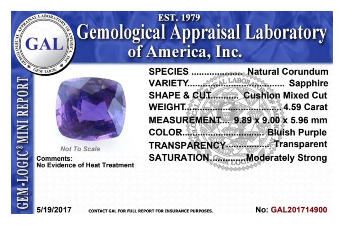 GAL Certified Natural No Heat 4.59 Carat Purple Sapphire and Diamond Ring For Sale 4