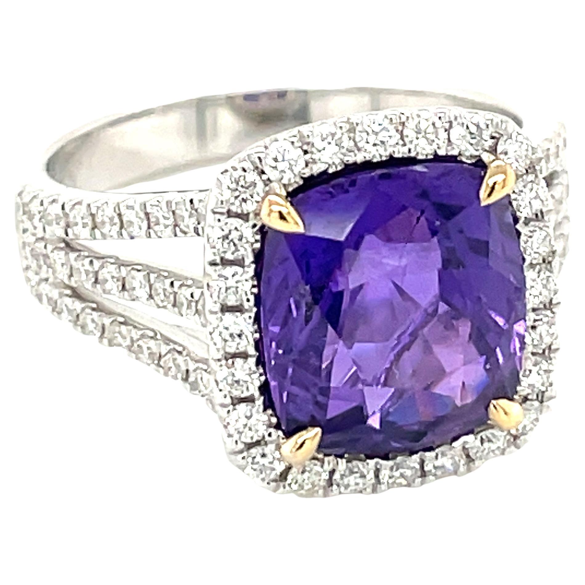 Cushion Cut GAL Certified Natural No Heat 4.59 Carat Purple Sapphire and Diamond Ring For Sale