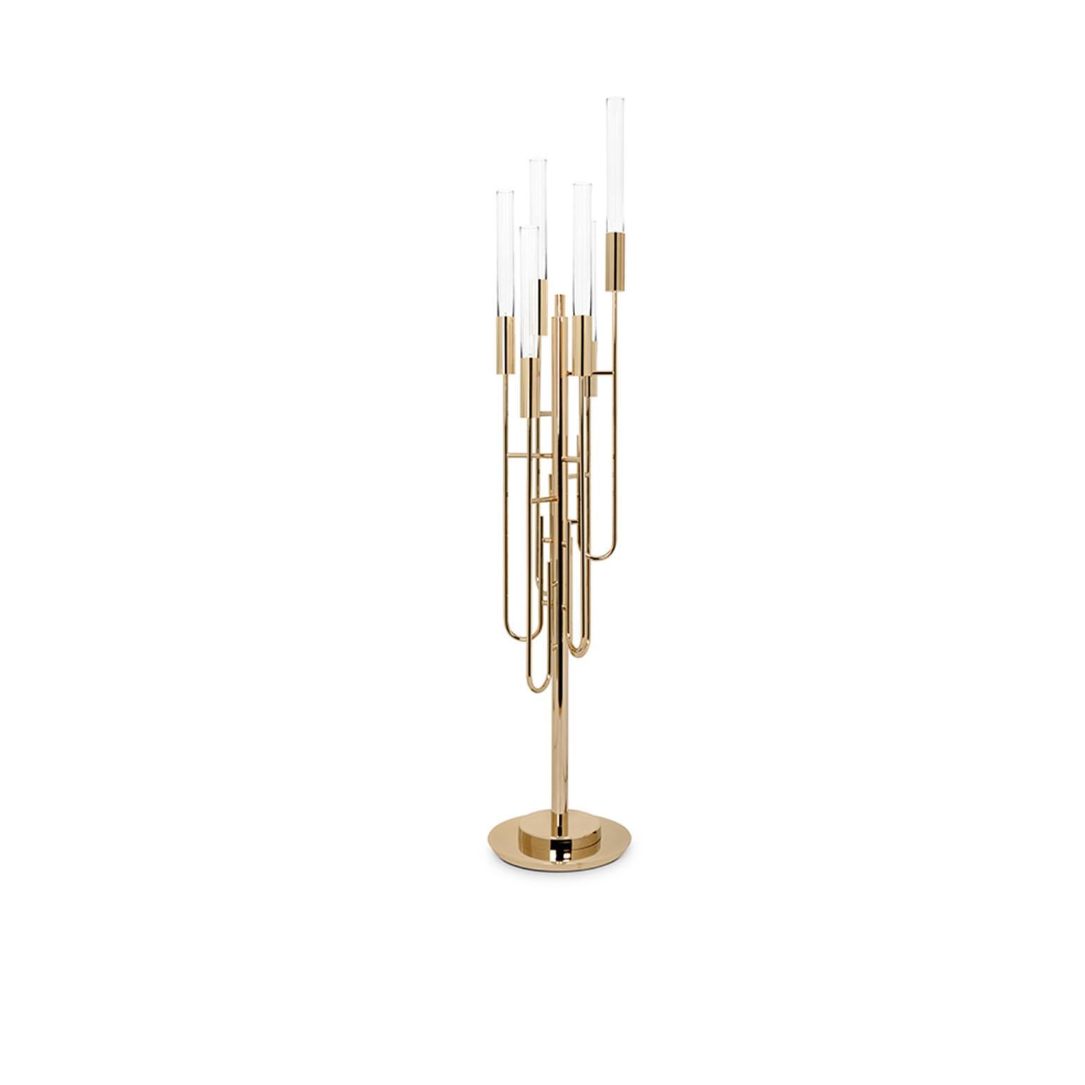 Allow yourself to fall for our unique Gala floor lamp elegantly made of gold plated brass and crystal glass. Our splendid floor lamp gets its inspiration in cheerful moments and intense design. It is the ideal contemporaneous shape to take a step
