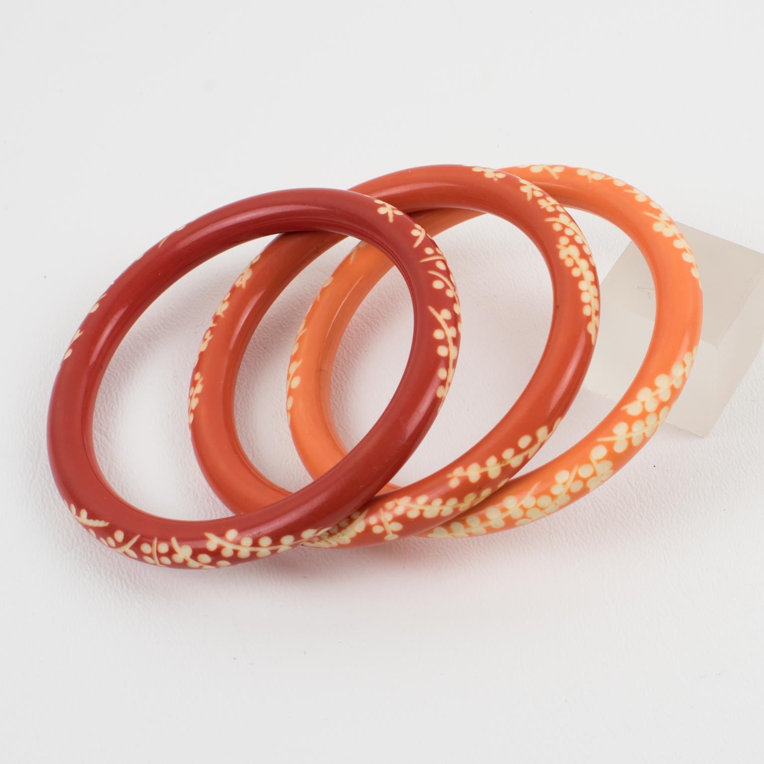 Modern Galalith Carved Spacer Bracelet Bangle Orange Variation Trio For Sale